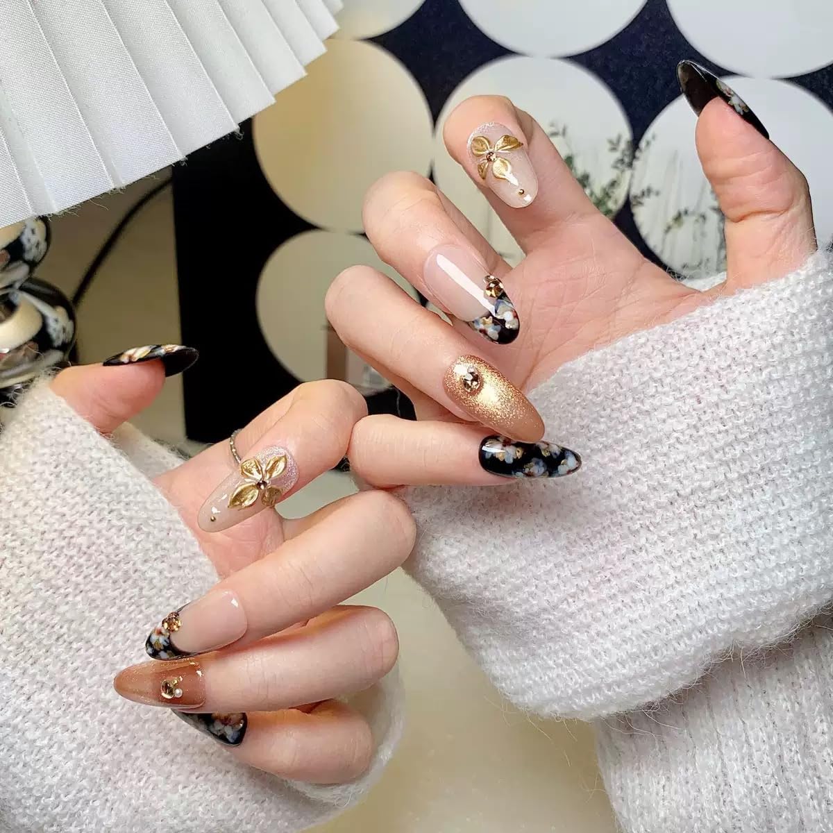 CTTHNBD Medium Almond Nails with Flower Design – Handmade Press On Nails (Size M) – Black, Gold & French Tip