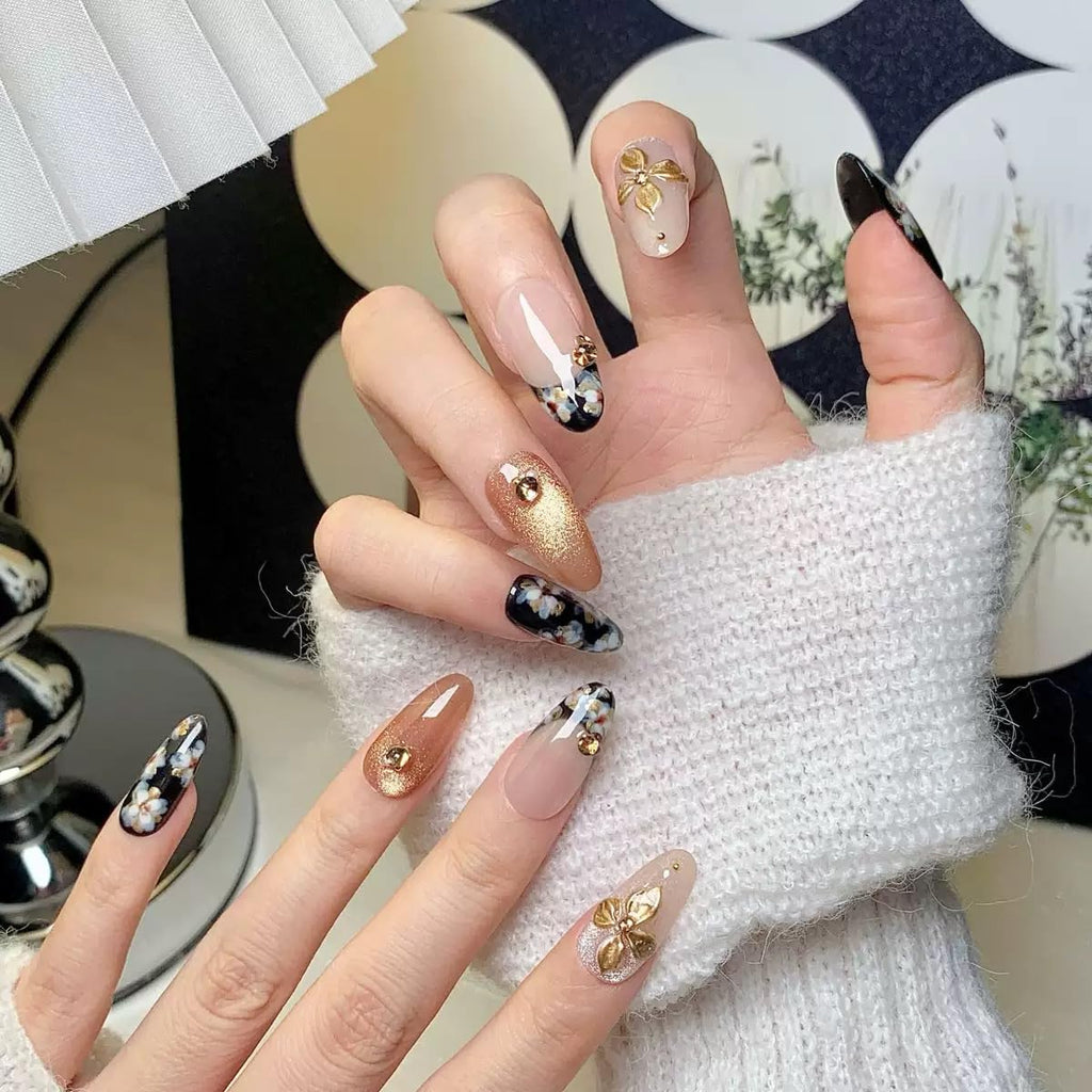 CTTHNBD Medium Almond Press-On Nails – Flower Design, Black & Gold (Size S)
