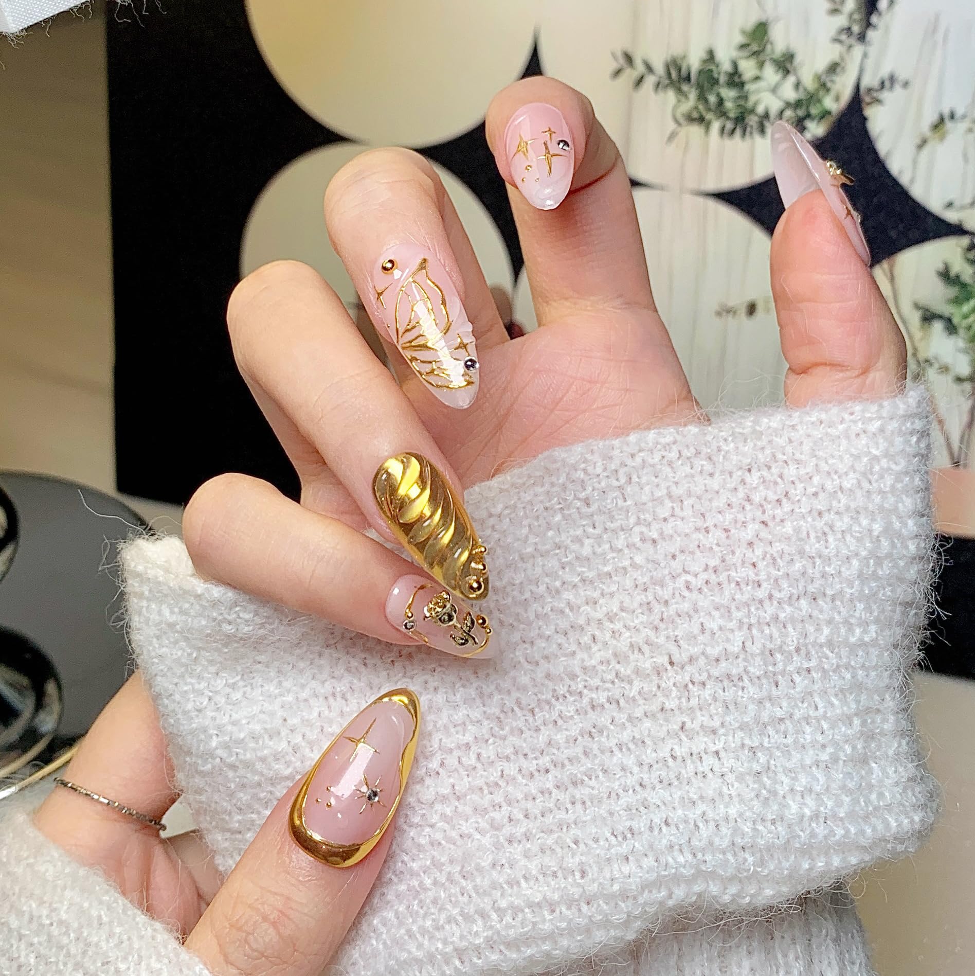 CTTHNBD Press on Nails Almond - Gold Flower Bow Design | Medium Almond Nails for Women (Size L)