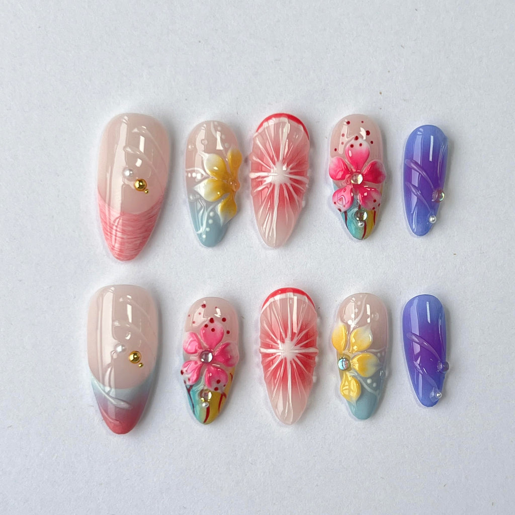 CTTHNBD Medium Press On Nails Almond – Flower Design, Size S