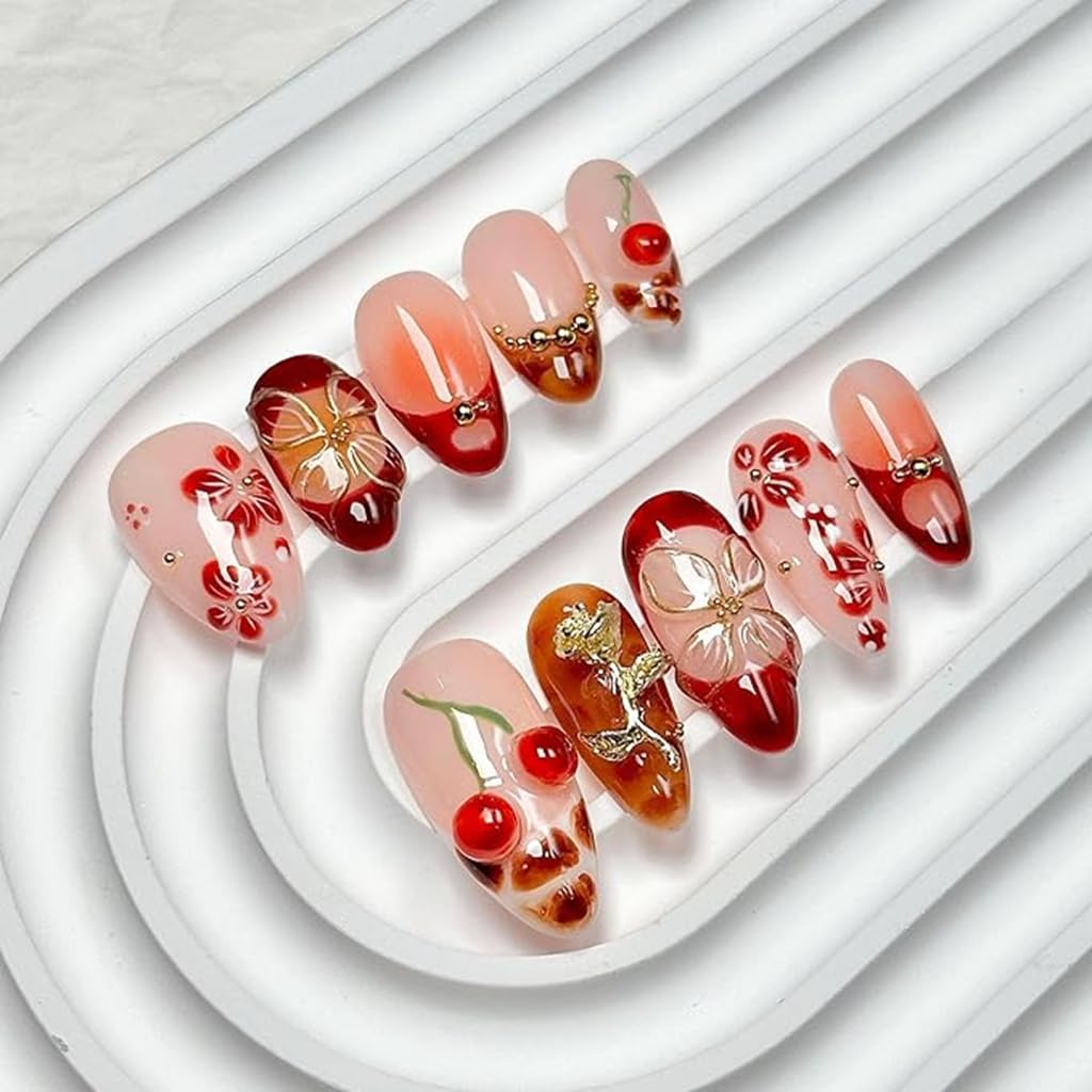 CTTHNBD Almond Press on Nails - 3D Gold Flower, Winter Cherry, Size L