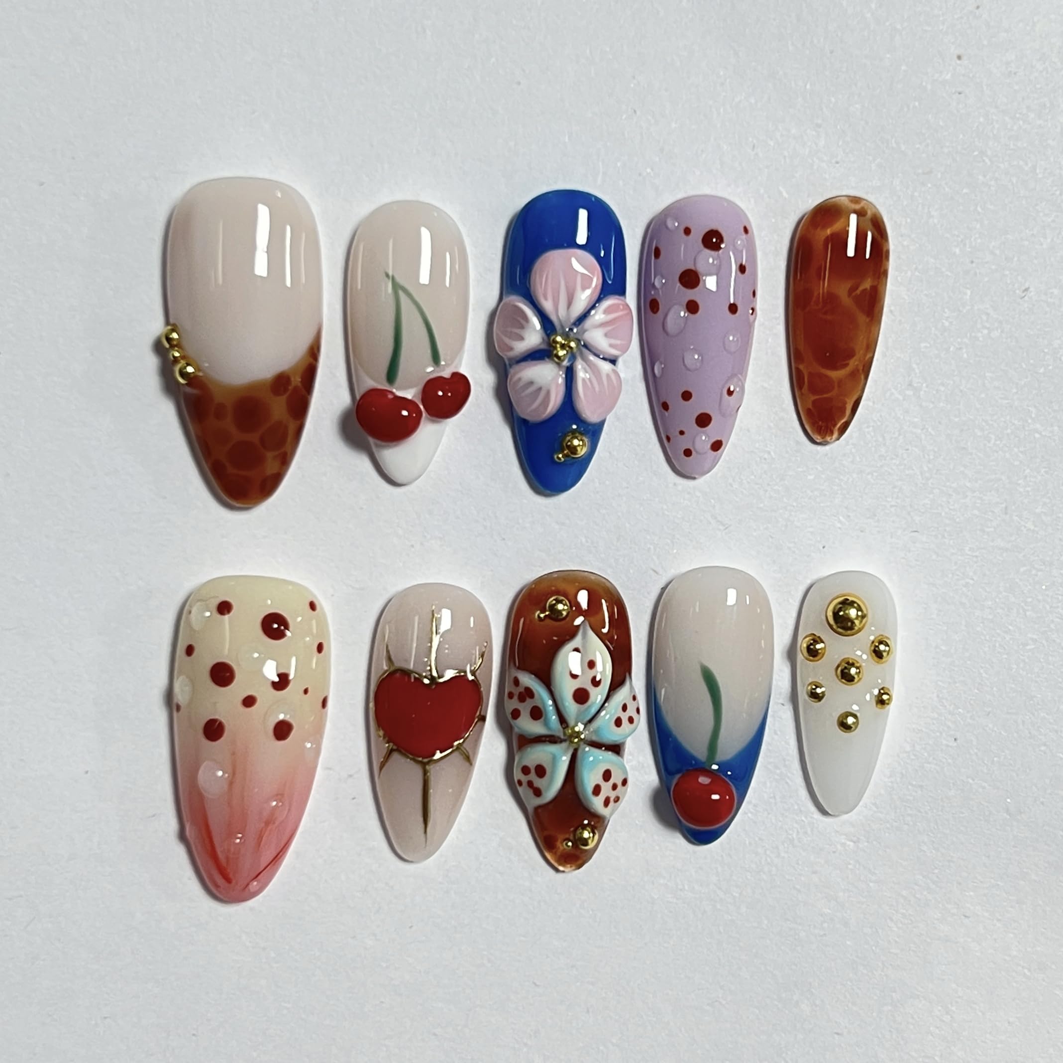 CTTHNBD Almond Press On Nails Medium – Cherry Flower Heart Design | Winter Full Cover
