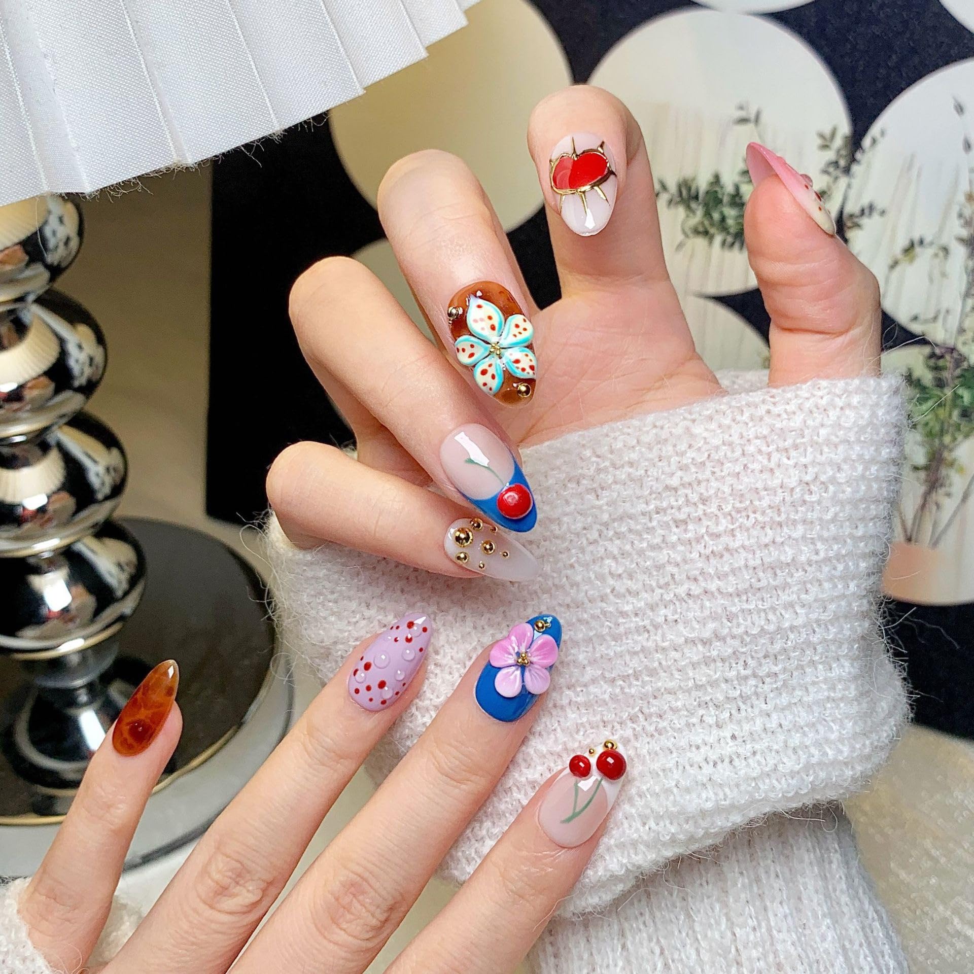 CTTHNBD Almond Press On Nails Medium – Cherry Flower Heart Design | Winter Full Cover