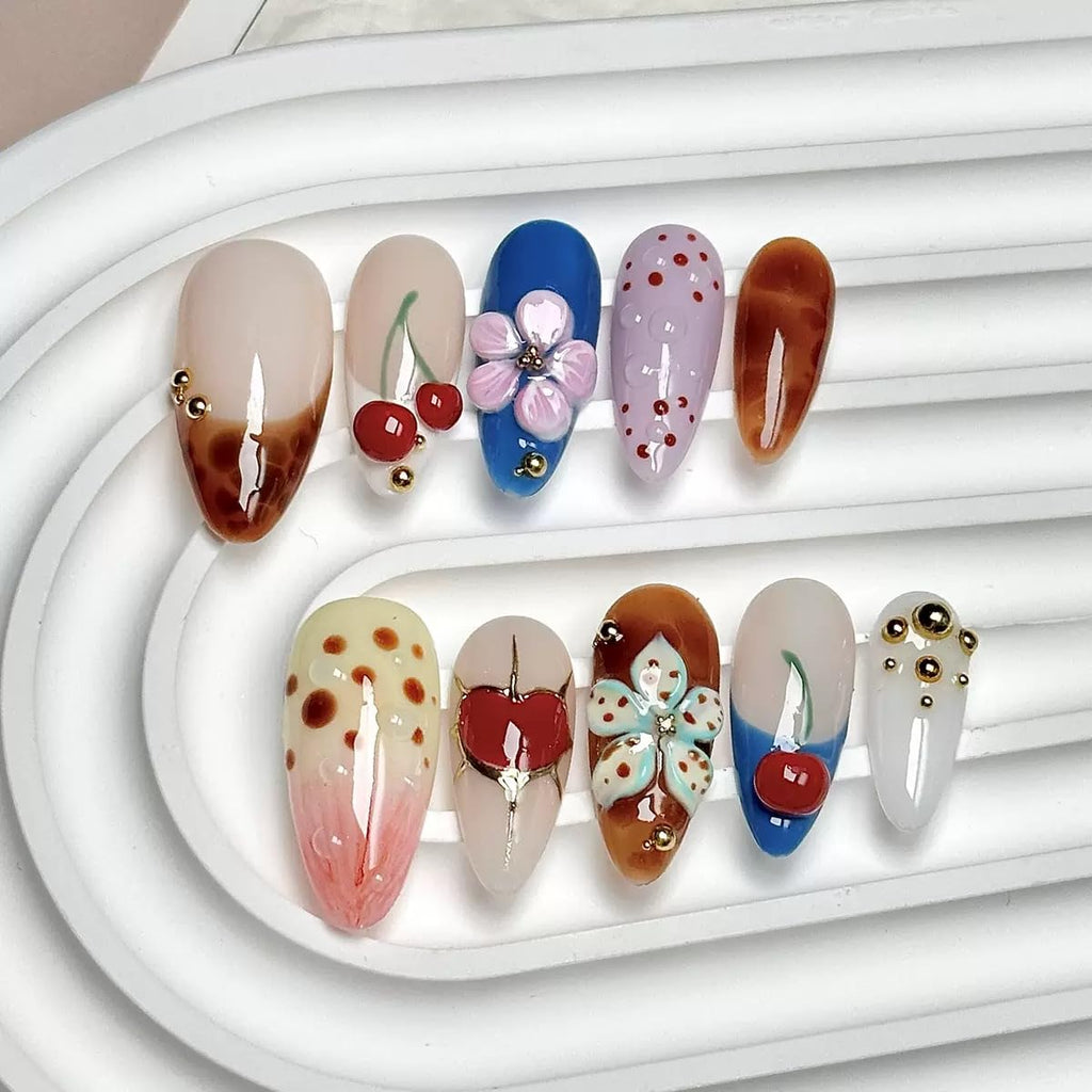 CTTHNBD Almond Press On Nails Medium – Cherry Flower Heart Design | Winter Full Cover