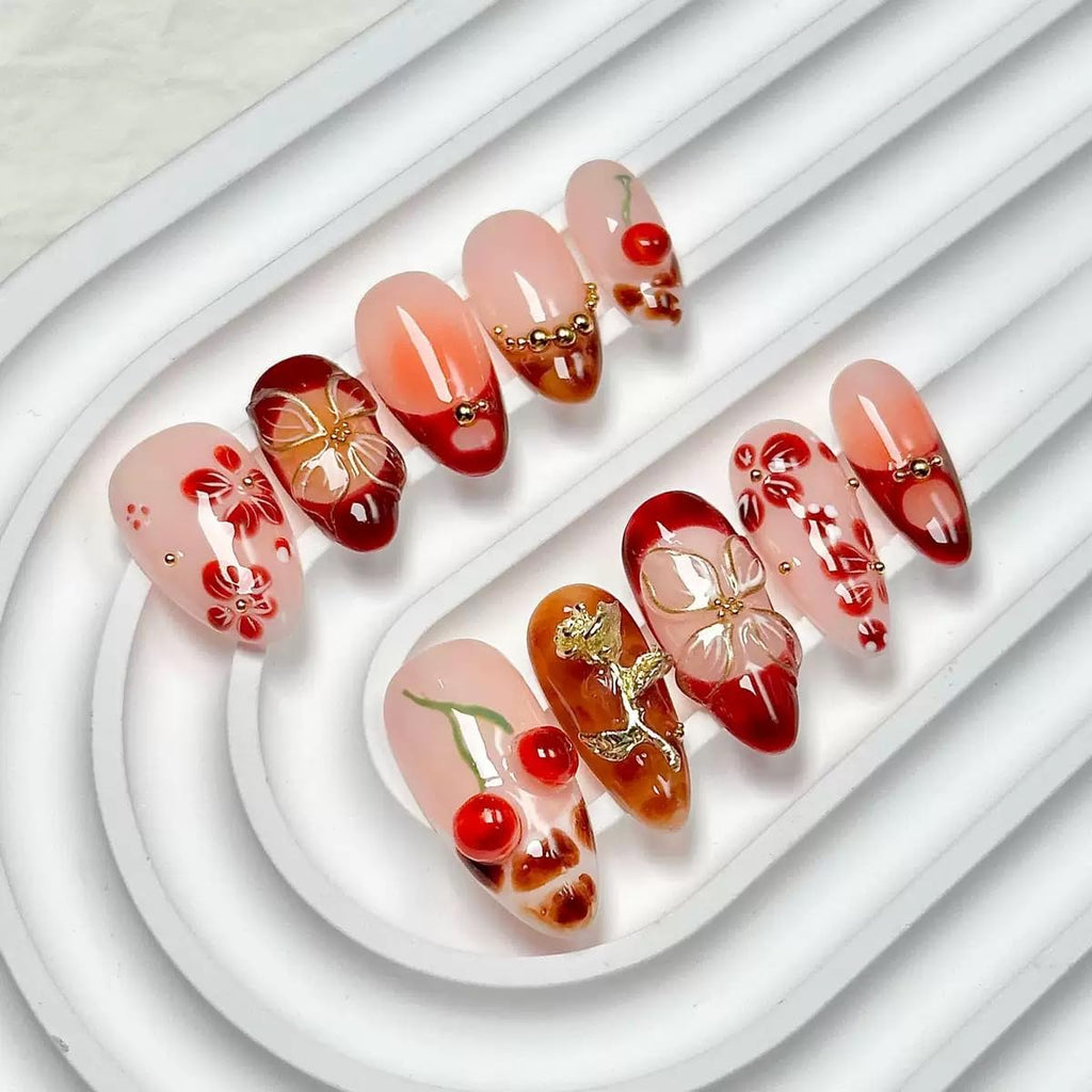 CTTHNBD Almond Press On Nails Medium – 3D Gold Flower Design | Winter Cherry Full Cover Glue On Nails