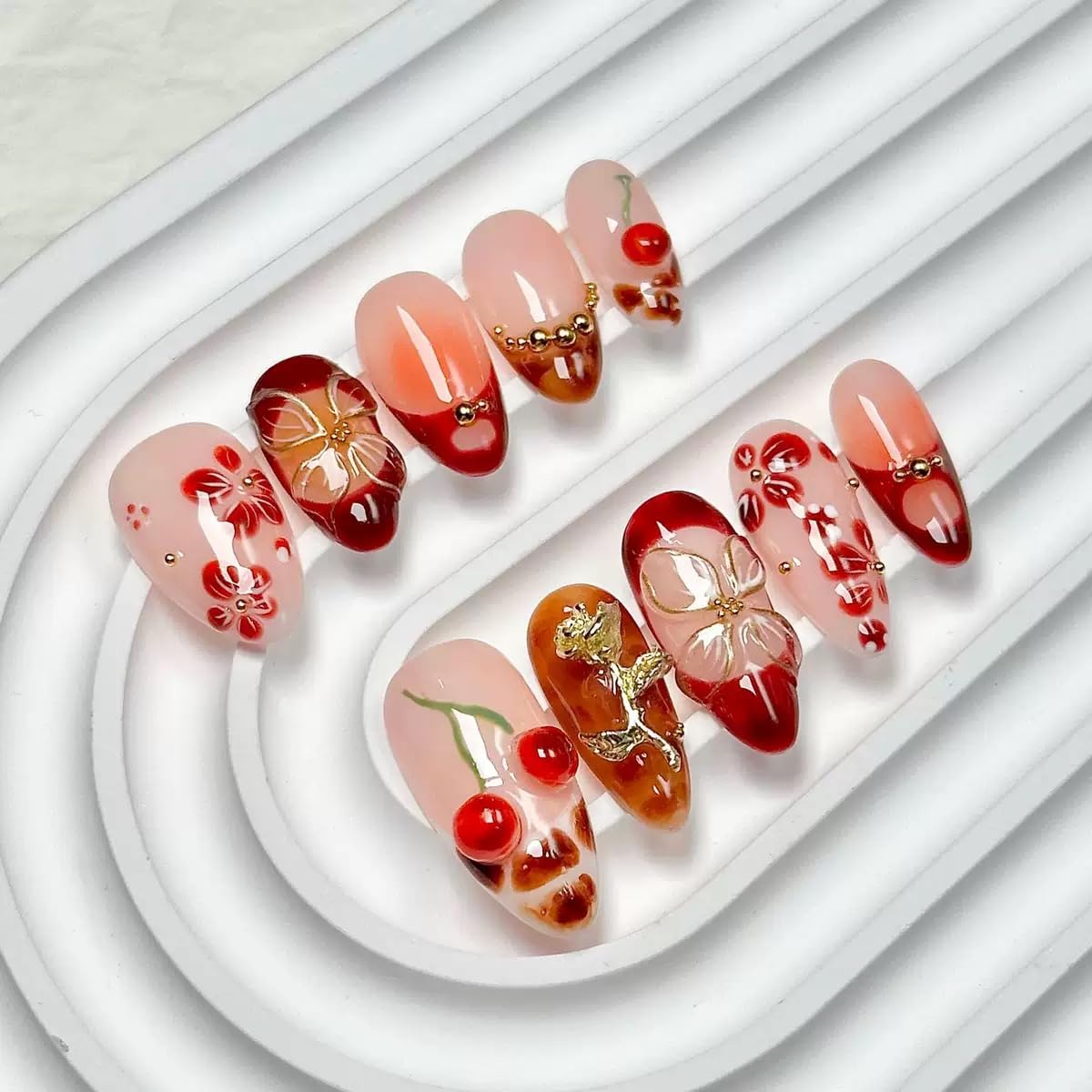CTTHNBD Almond Press On Nails Medium – 3D Gold Flower Design | Winter Cherry Full Cover Glue On Nails