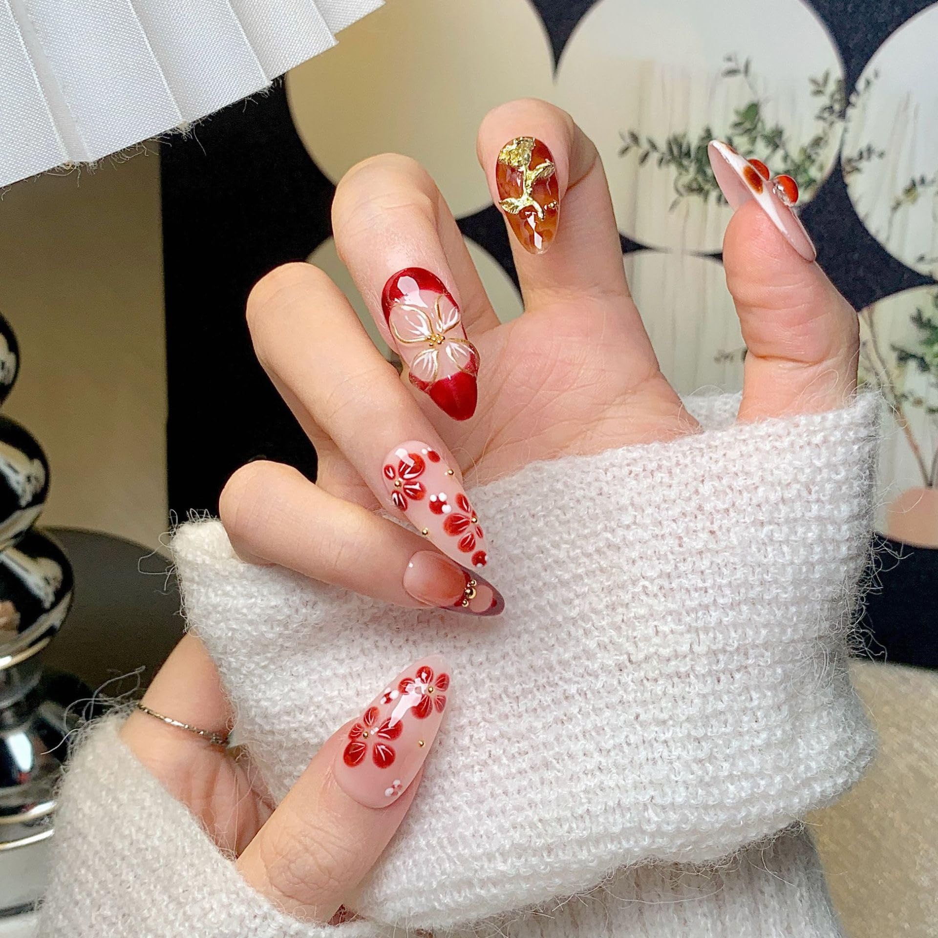 CTTHNBD Almond Press On Nails Medium – 3D Gold Flower Design | Winter Cherry Full Cover Glue-On Nails (Size M)
