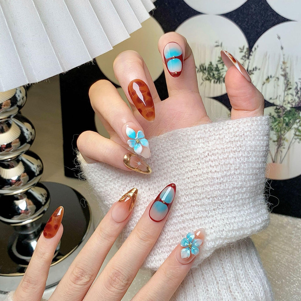 CTTHNBD Medium Almond Press-On Nails with Flower Gold Line Design | Ombre Brown Fall Nails (Size S)