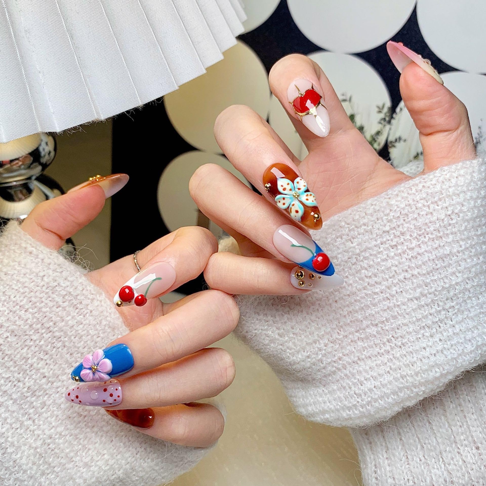CTTHNBD Almond Press On Nails Medium – Cherry Flower Heart Design | Winter Full Cover