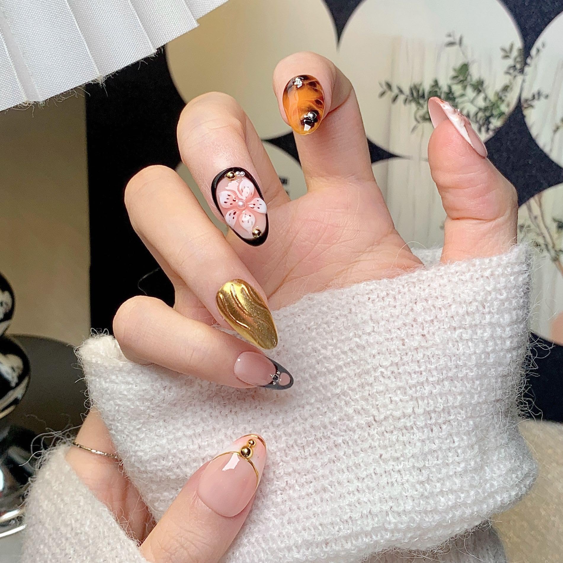 CTTHNBD Almond Press-On Nails Medium | 3D Gold Flower Design, Winter Cherry – Full Cover Glue-On (Size S)