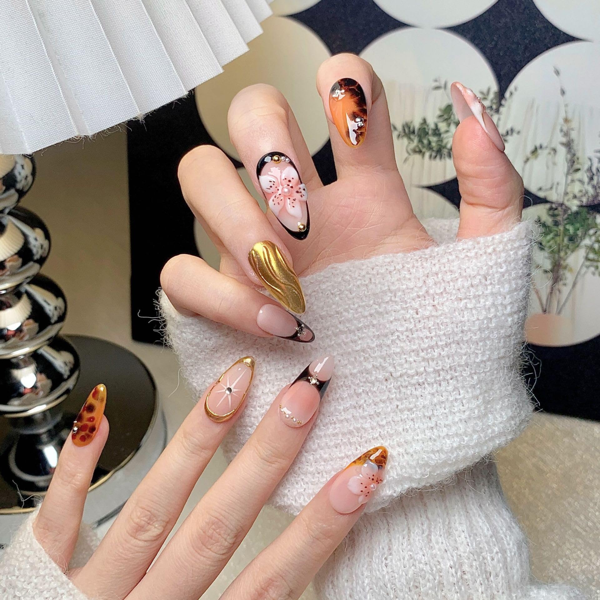 CTTHNBD Almond Press-On Nails Medium | 3D Gold Flower Design, Winter Cherry – Full Cover Glue-On (Size S)