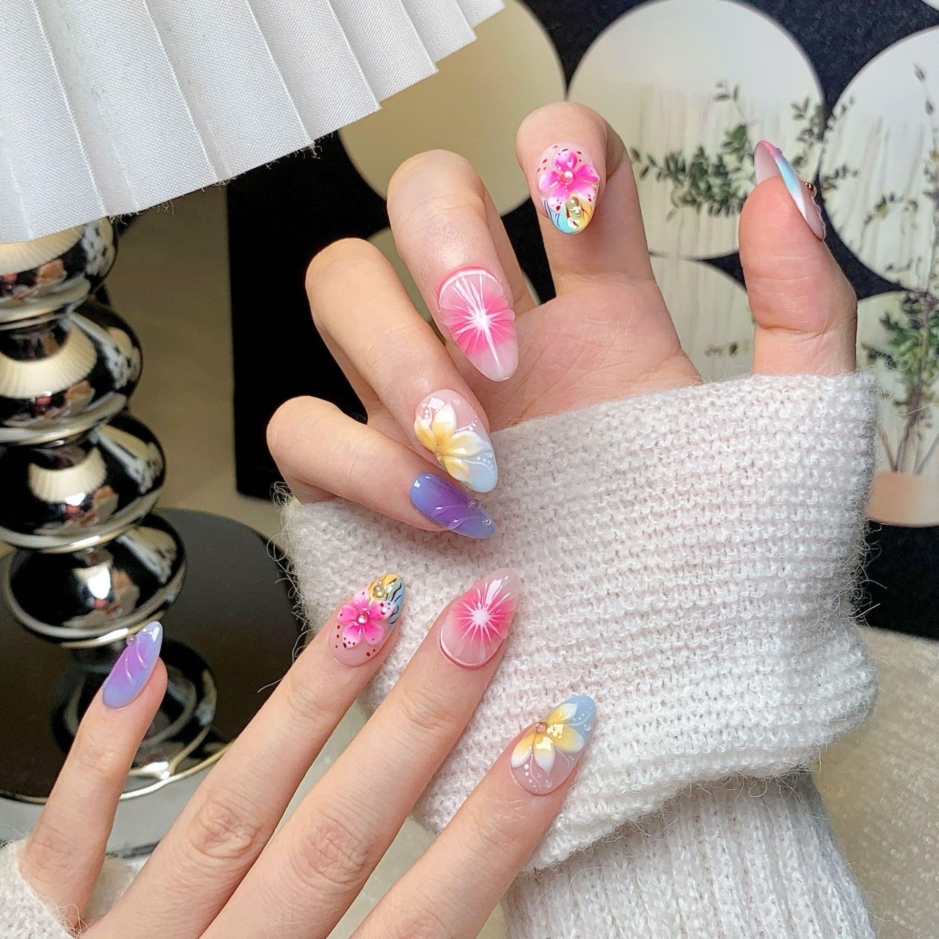 CTTHNBD Medium Almond Press-On Nails | Colorful Flower Design | Size M