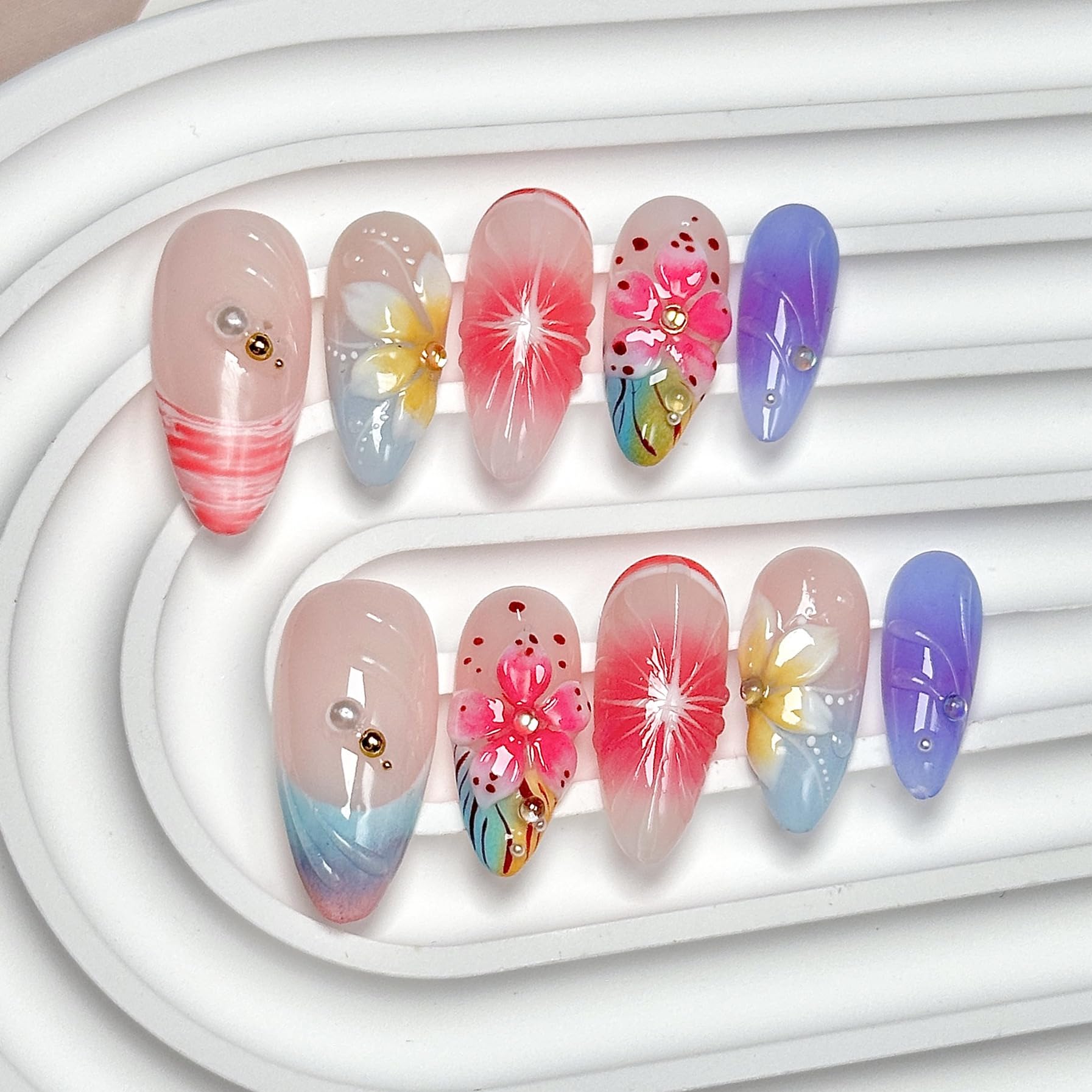 CTTHNBD Medium Almond Press-On Nails | Colorful Flower Design | Size M