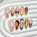 CTTHNBD Medium Almond Press-On Nails – Brown Gold Flower Design (Size M)