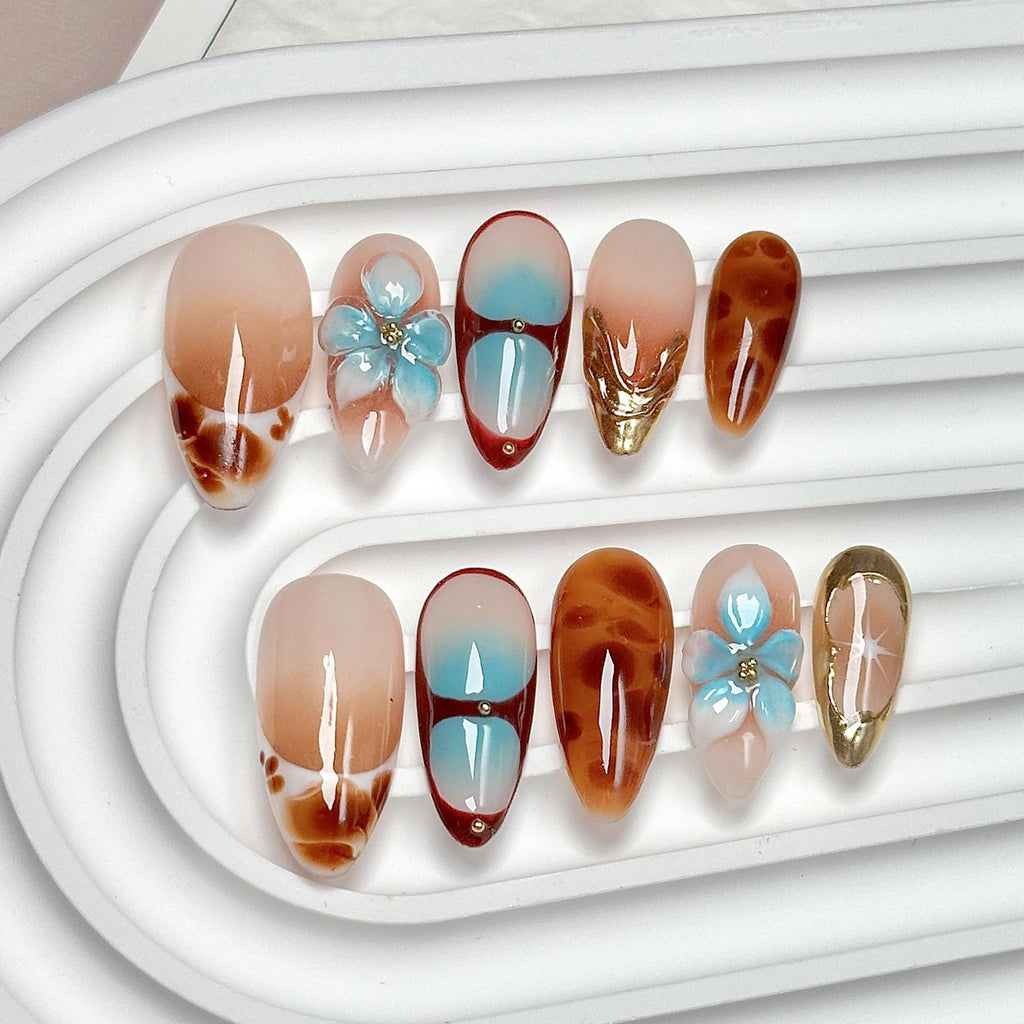 CTTHNBD Medium Press on Nails Almond – Flower Gold Line, Ombre Brown
