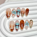 CTTHNBD Medium Almond Press-On Nails with Flower Gold Line Design | Ombre Brown Fall Nails (Size S)