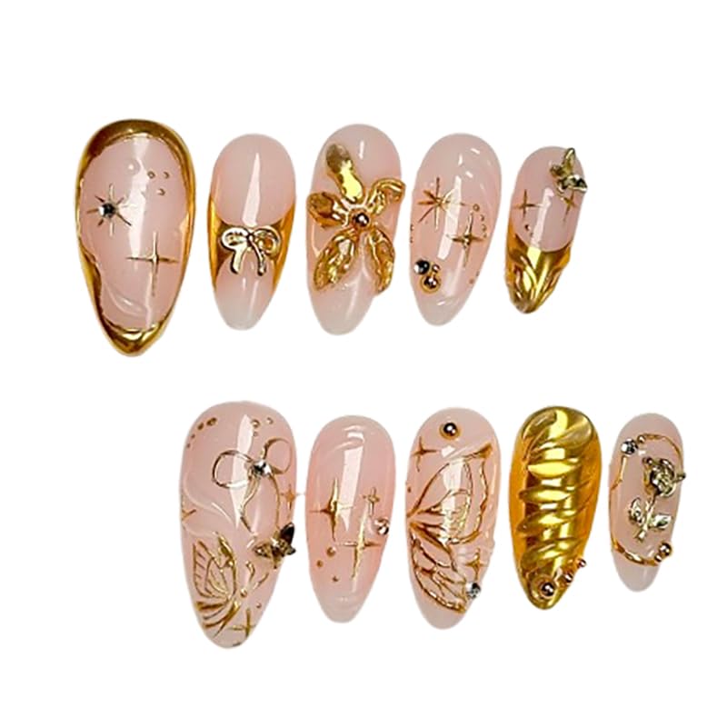 CTTHNBD Press on Nails Almond - Gold Flower Bow Design | Medium Almond Nails for Women (Size L)