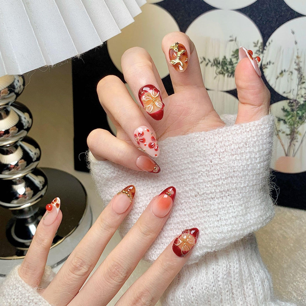 CTTHNBD Almond Press on Nails - 3D Gold Flower, Winter Cherry, Size L