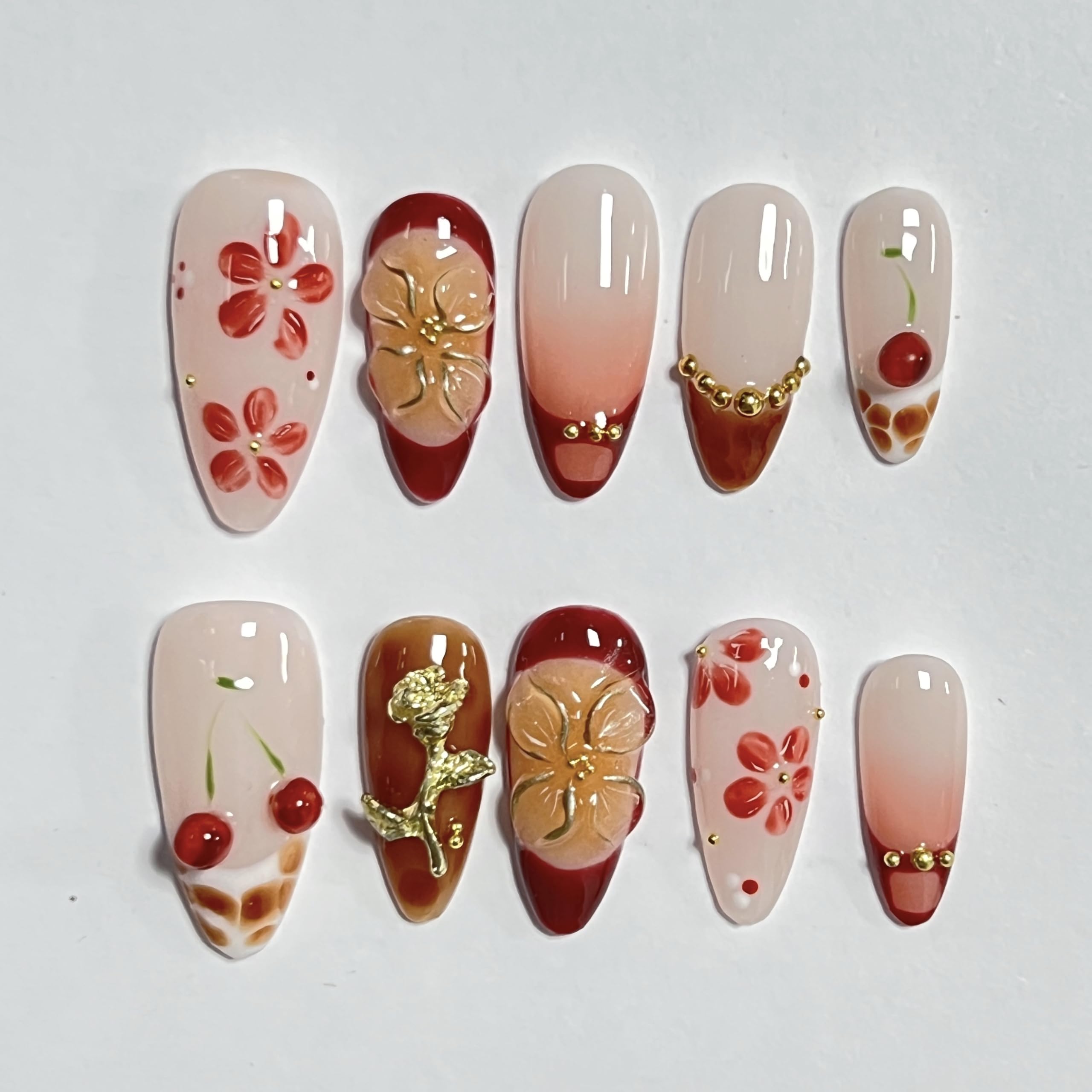 CTTHNBD Almond Press on Nails - 3D Gold Flower, Winter Cherry, Size L