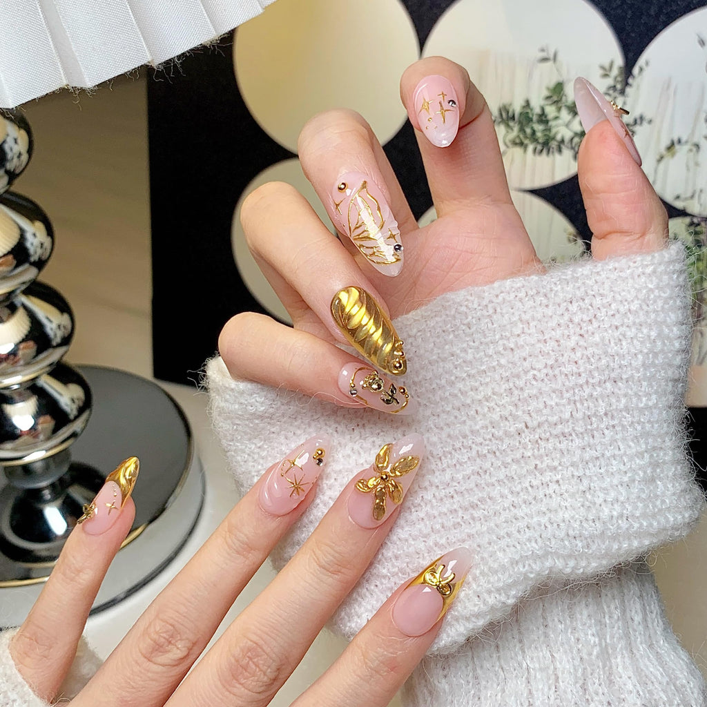 CTTHNBD Press on Nails Almond - Gold Flower Bow Design | Medium Almond Nails for Women (Size L)