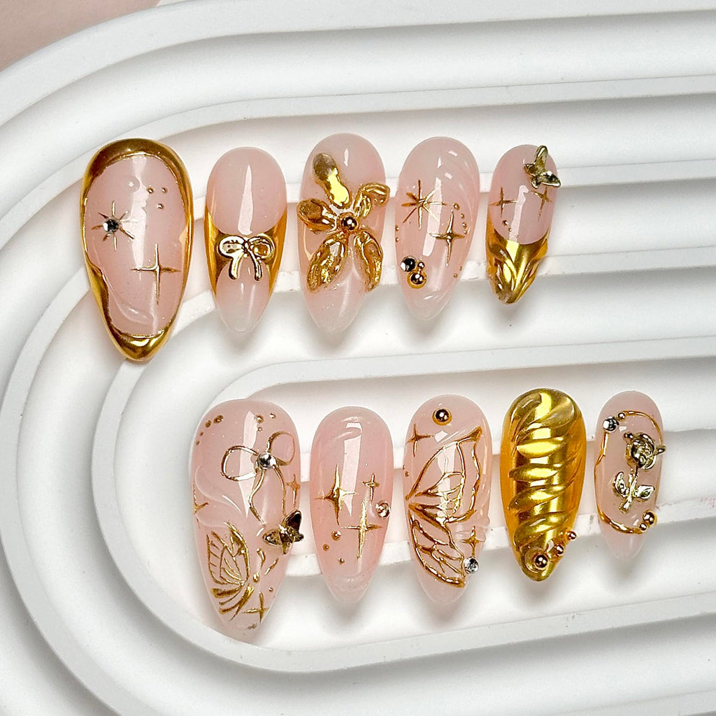 CTTHNBD Press on Nails Almond - Gold Flower Bow Design | Medium Almond Nails for Women (Size L)
