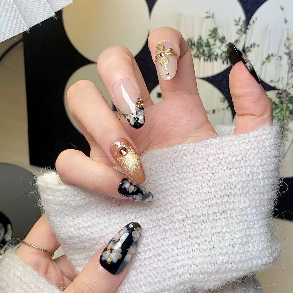 CTTHNBD Medium Almond Nails with Flower Design – Handmade Press On Nails (Size M) – Black, Gold & French Tip