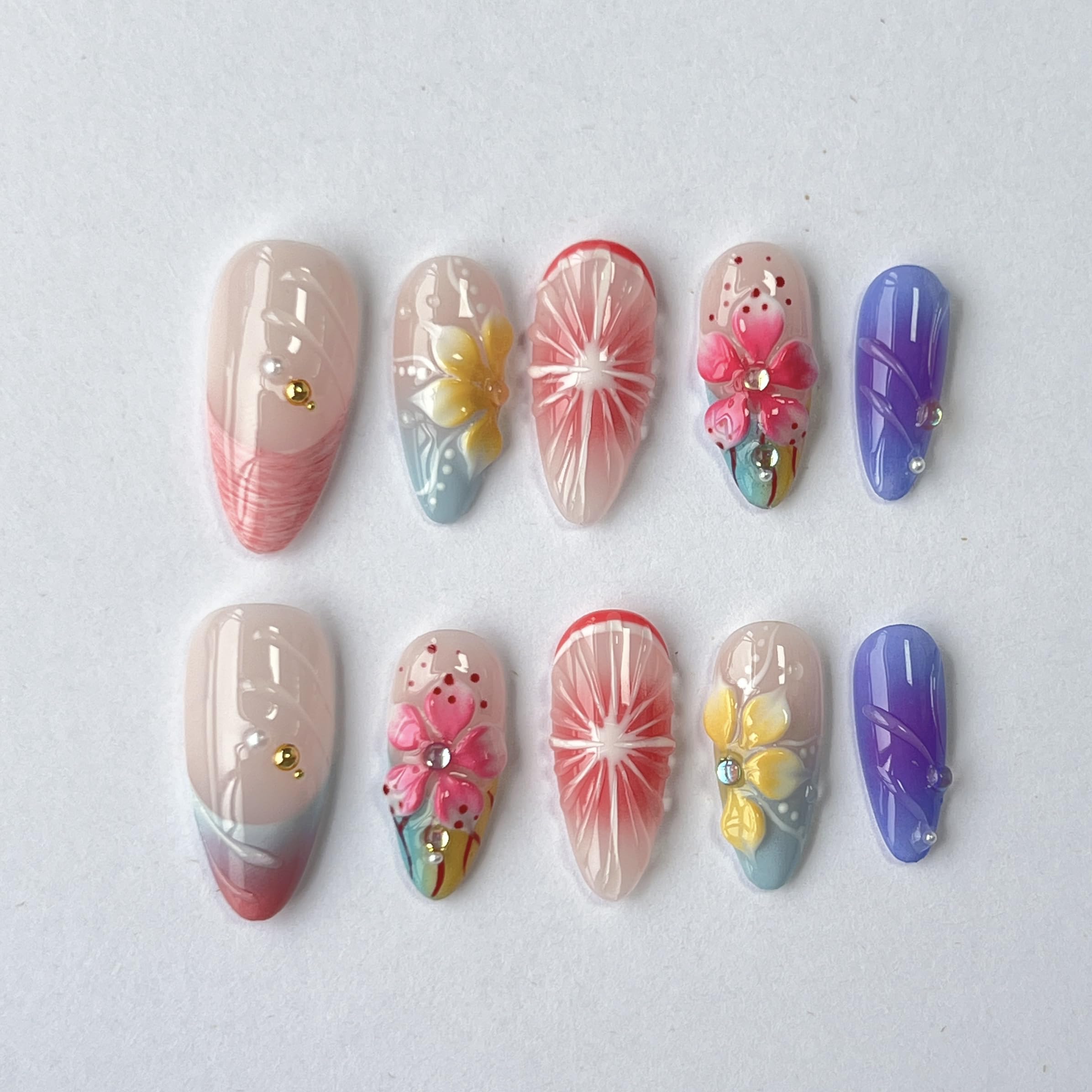 CTTHNBD Medium Almond Press-On Nails | Colorful Flower Design | Size M