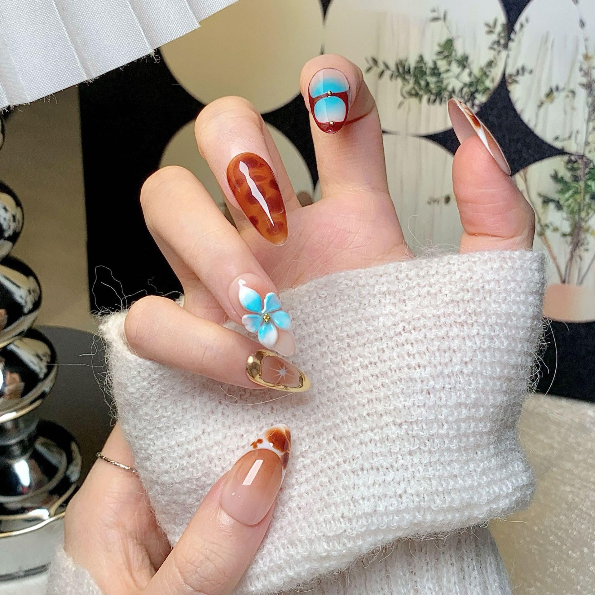CTTHNBD Medium Almond Press-On Nails with Flower Gold Line Design | Ombre Brown Fall Nails (Size S)
