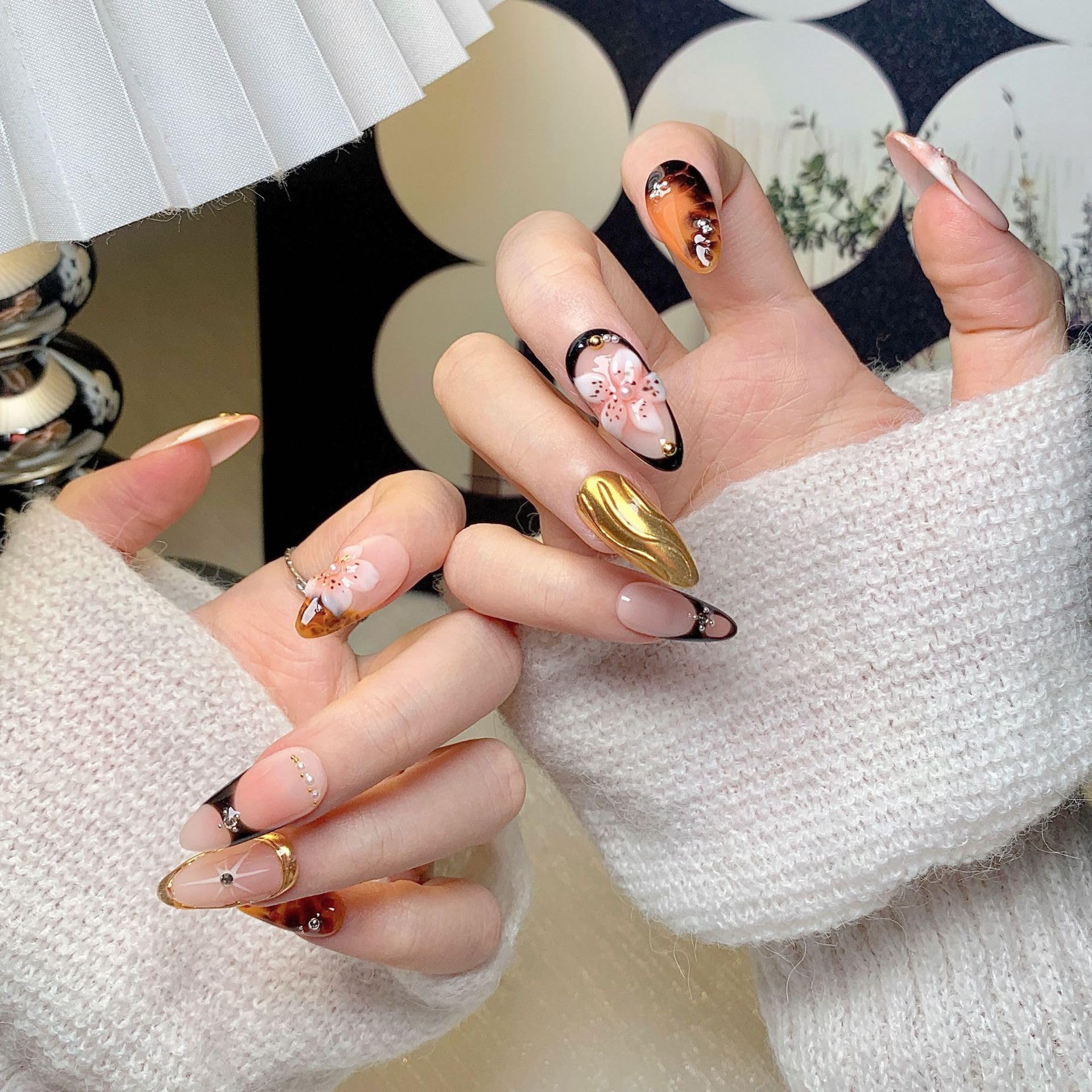 CTTHNBD Almond Press-On Nails Medium | 3D Gold Flower Design, Winter Cherry – Full Cover Glue-On (Size S)