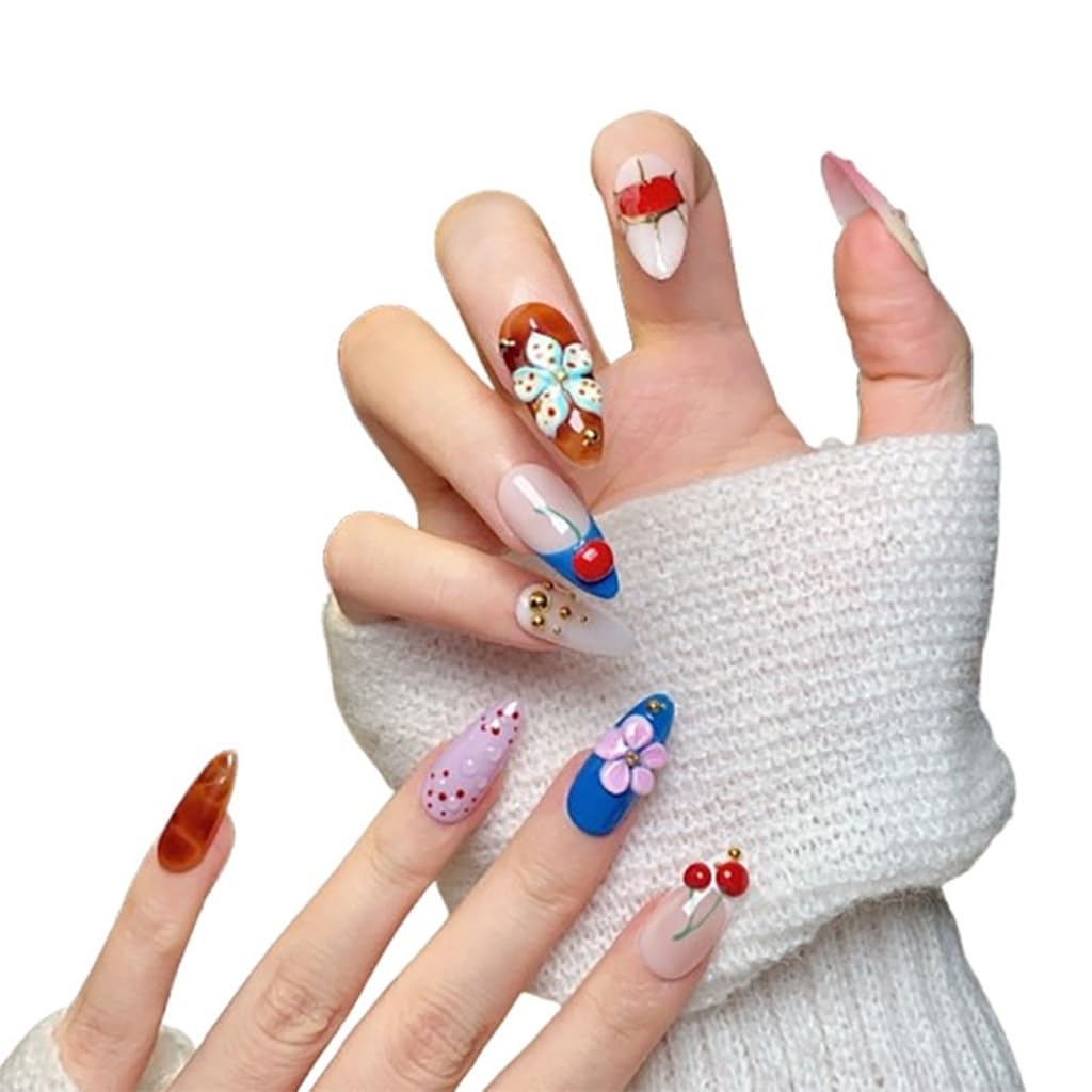 CTTHNBD Almond Press on Nails Medium – Cherry Heart Design, Winter Full Cover Stick-On Nails