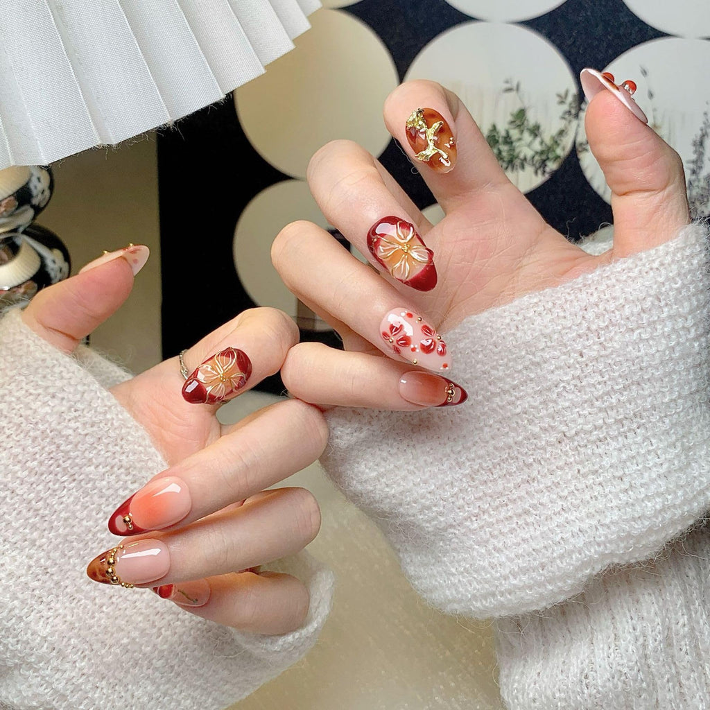 CTTHNBD Almond Press On Nails Medium – 3D Gold Flower Design | Winter Cherry Full Cover Glue On Nails