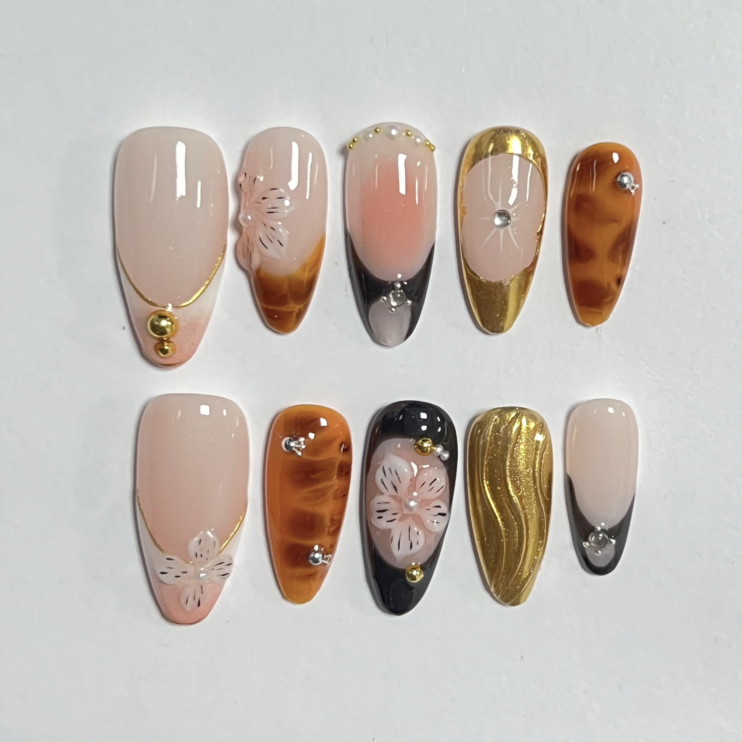 CTTHNBD Almond Press-On Nails Medium | 3D Gold Flower Design, Winter Cherry – Full Cover Glue-On (Size S)