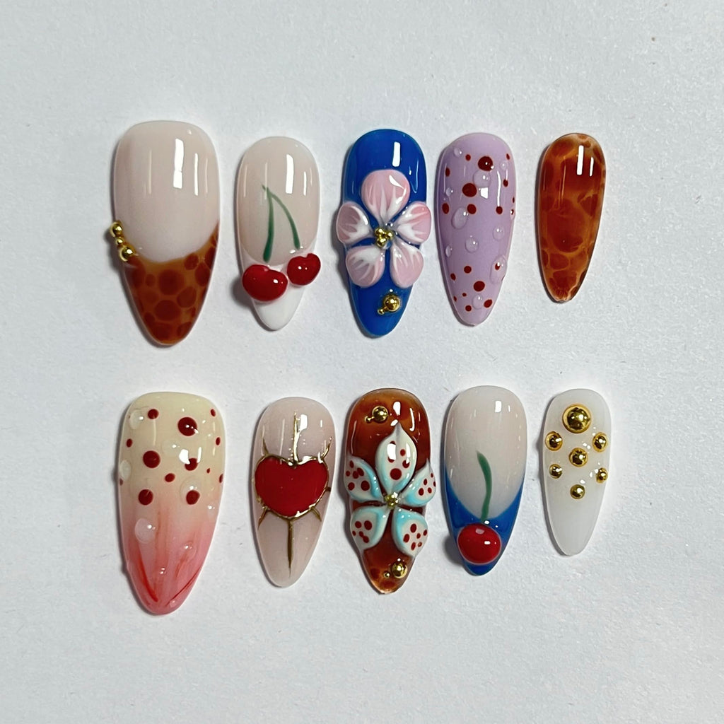 CTTHNBD Almond Press On Nails Medium – Cherry Flower Heart Design | Winter Full Cover