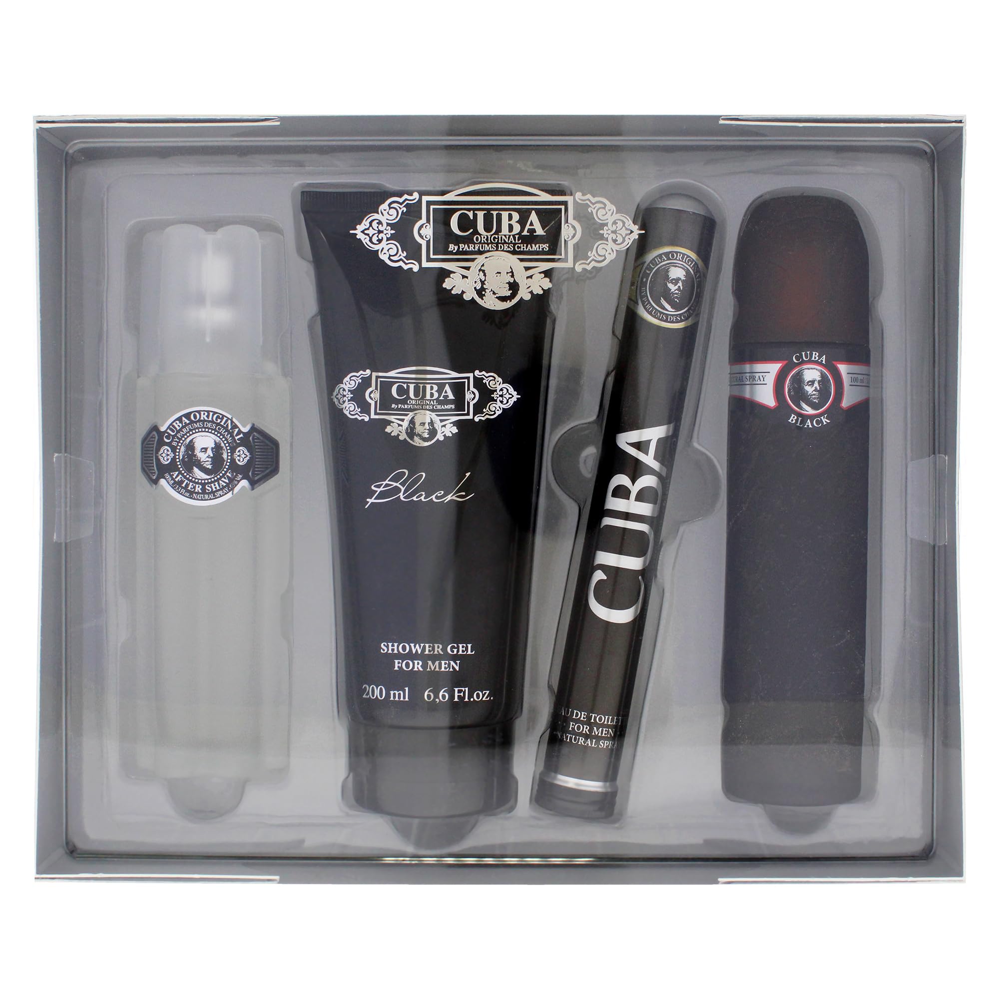 Cuba Cuba Black Men 4-Pc Gift Set – EDT Sprays, After Shave & Shower Gel | I0101683