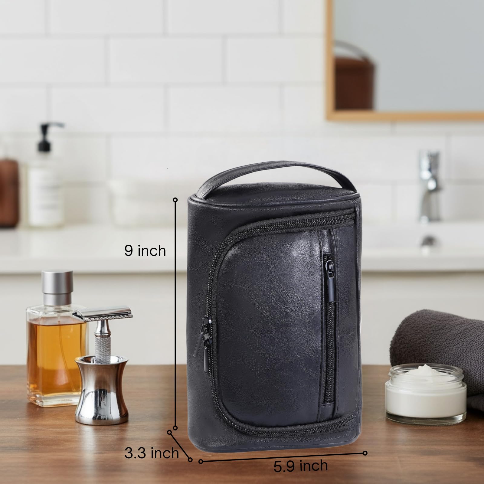 Cumbanho Mens Slim Toiletry Bag | Minimalist PU Leather Dopp Kit for Men – Black
