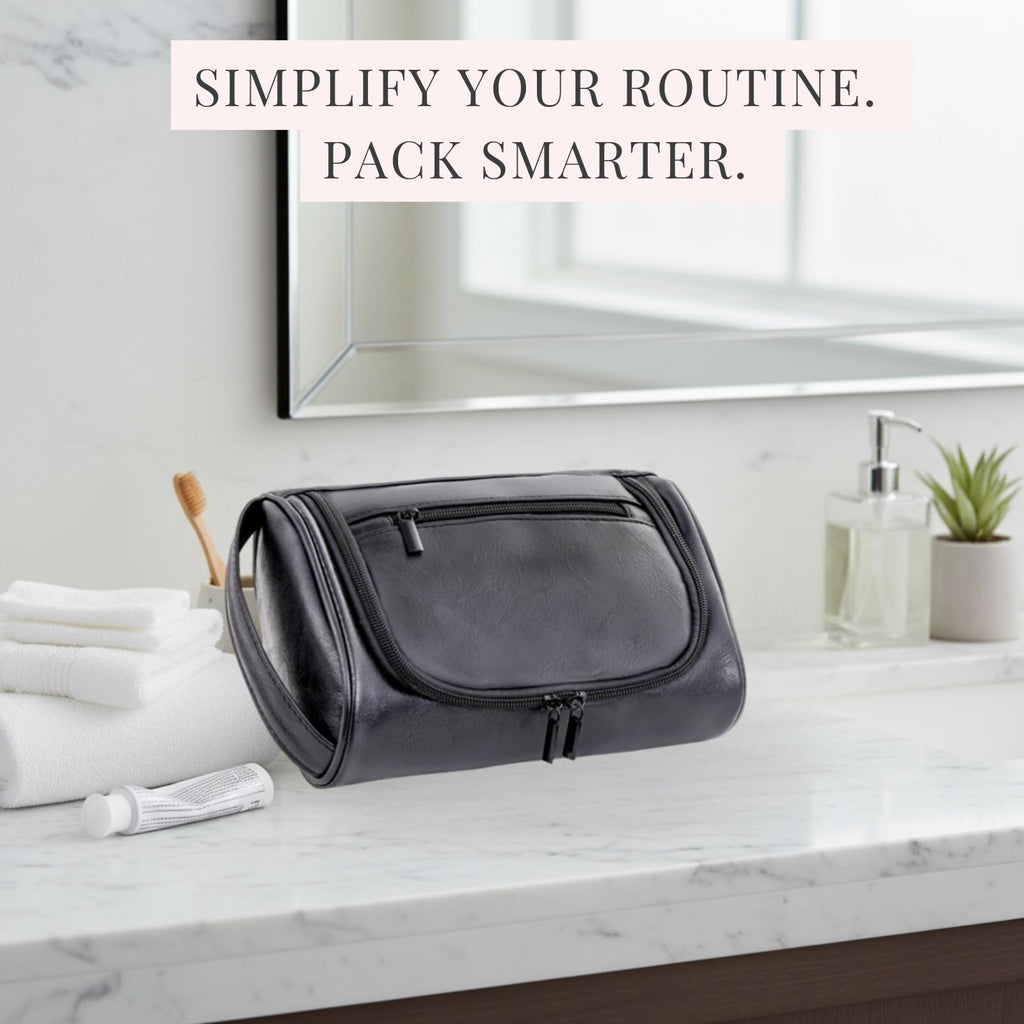 Cumbanho Mens Slim Toiletry Bag | Minimalist PU Leather Dopp Kit for Men – Black