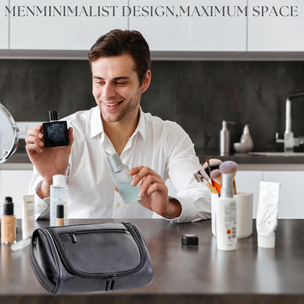 Cumbanho Mens Slim Toiletry Bag | Minimalist PU Leather Dopp Kit for Men – Black