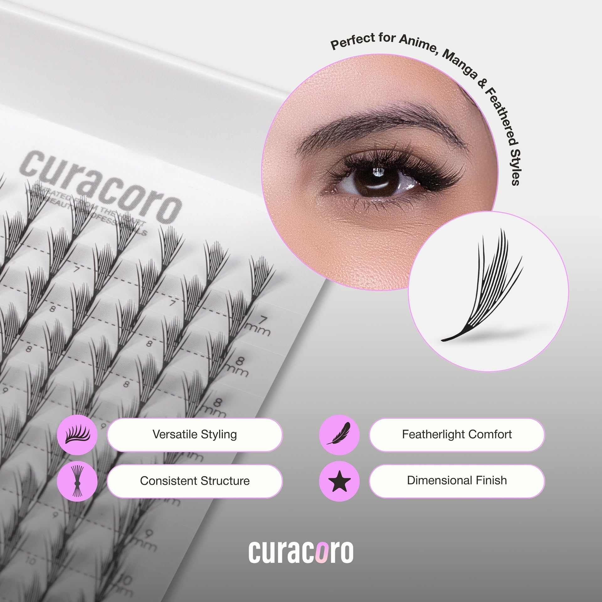 Curacoro Anime Spire Spikes – Laser-Bonded, Lightweight Premade Lash Spikes with LC Curl 7–16mm for Professionals