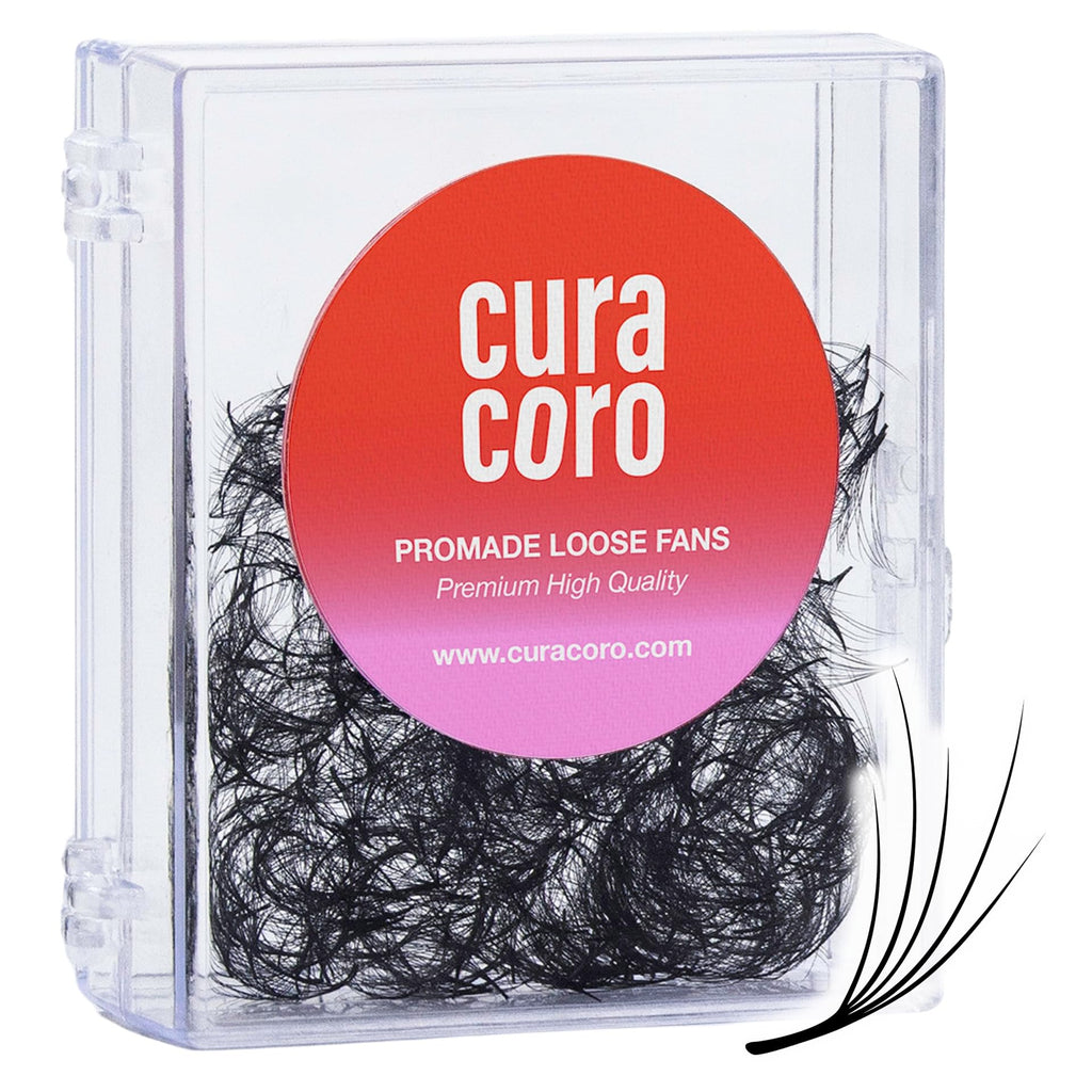 Curacoro Camellia Promade Fans — Handmade 5D-10D Lash Fans, Mixed 7–14mm, C/CC/D Curl, 0.03–0.07mm