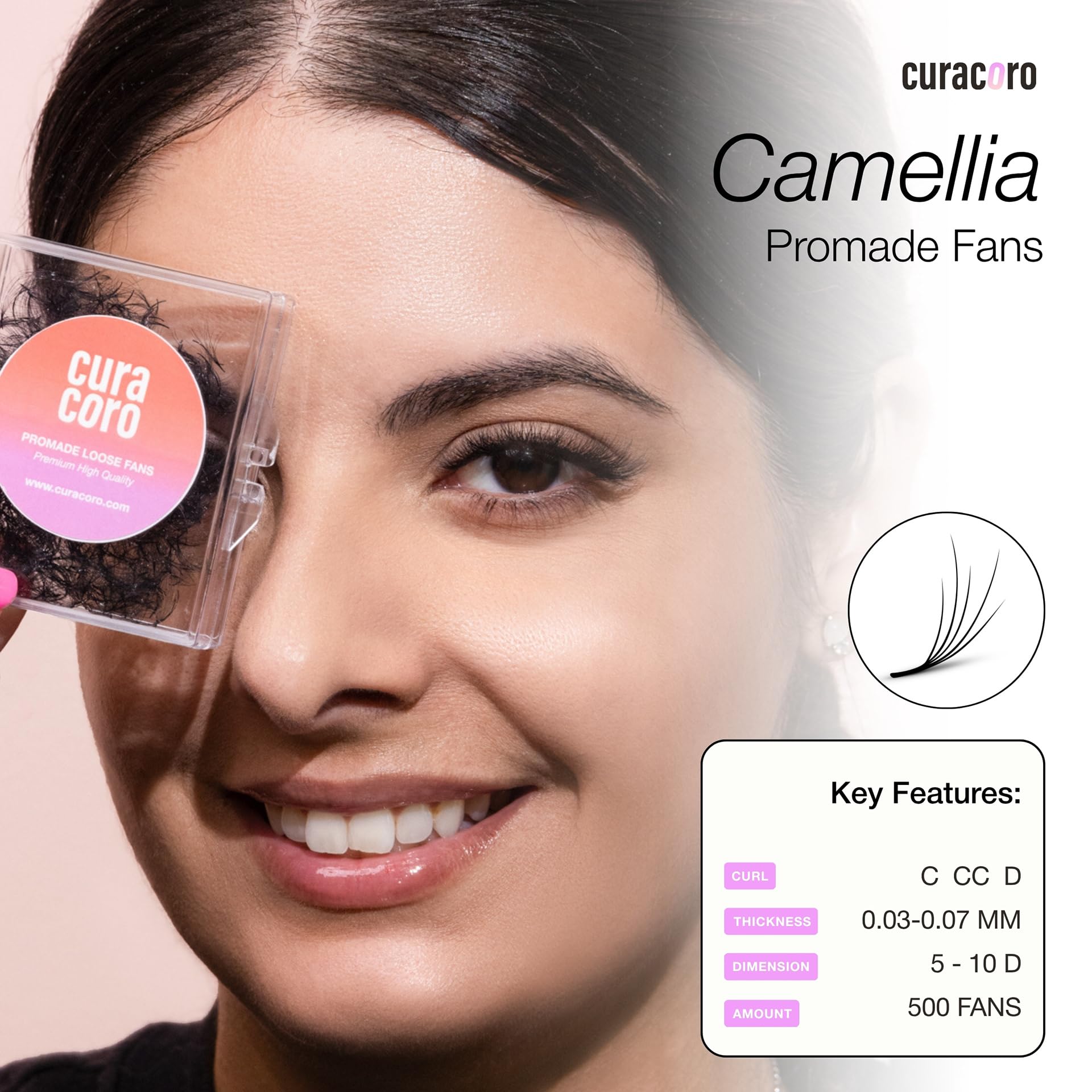 Curacoro Camellia Promade Fans — Handmade 5D-10D Lash Fans, Mixed 7–14mm, C/CC/D Curl, 0.03–0.07mm