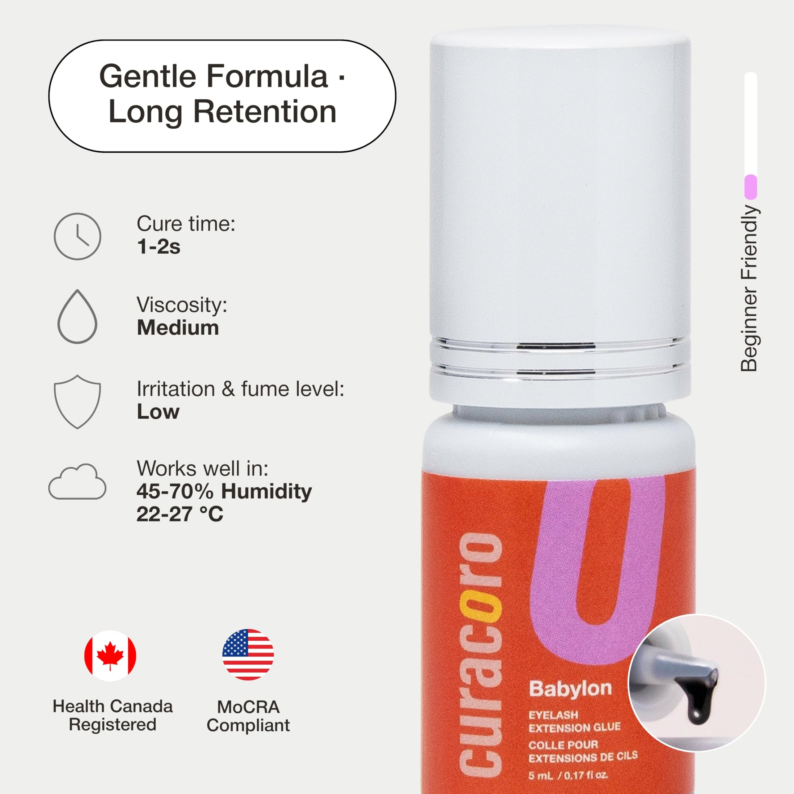 CURACORO Professional Eyelashes Glue — Extra-Strong Salon Adhesive (0.17 fl oz / 5 ml), Clear & Black, 0.5–3 Sec Dry Time, 7–8 Week Retention