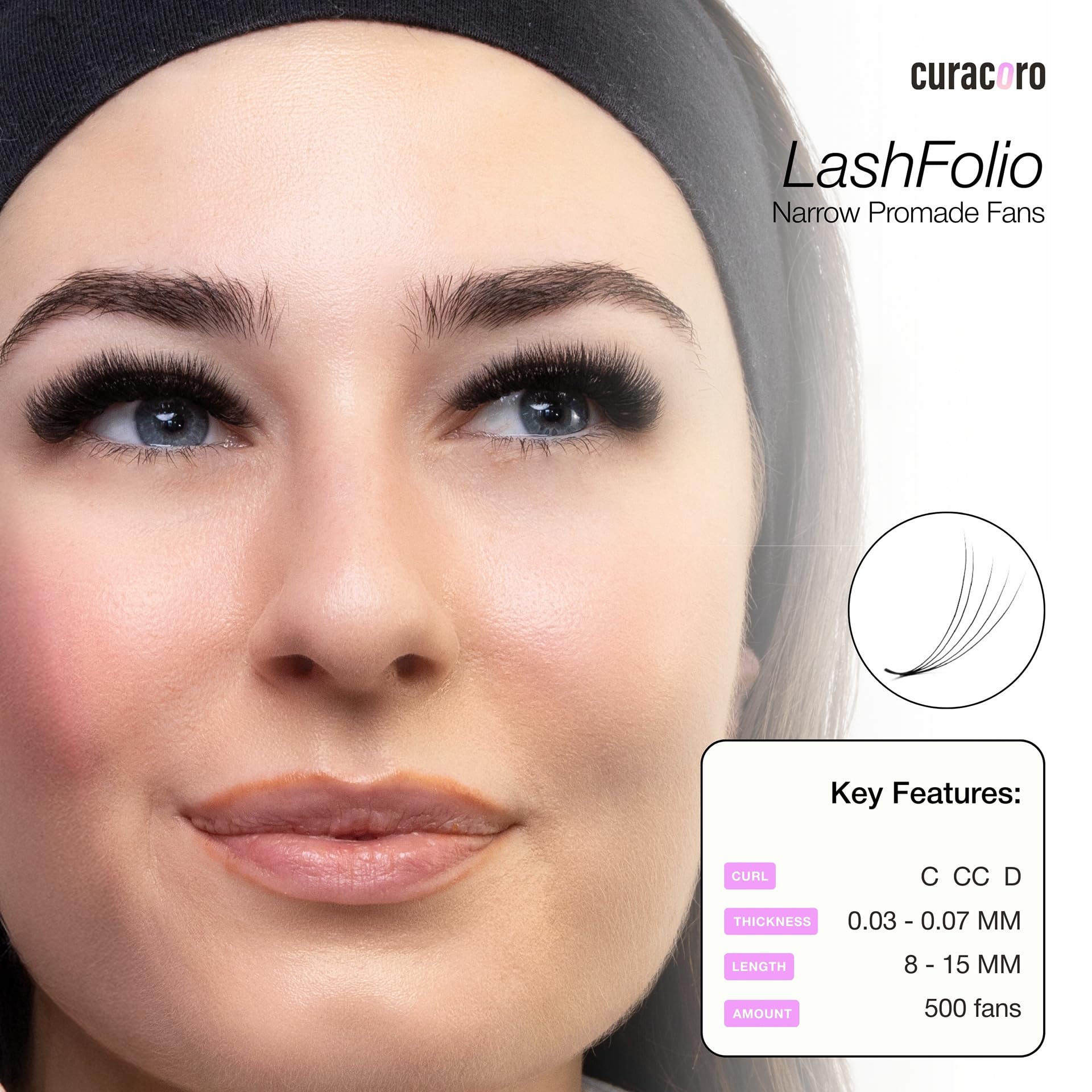 Curacoro LashFolio Narrow Promade Fans 10D-0.03 CC Curl – Handmade Volume Eyelashes