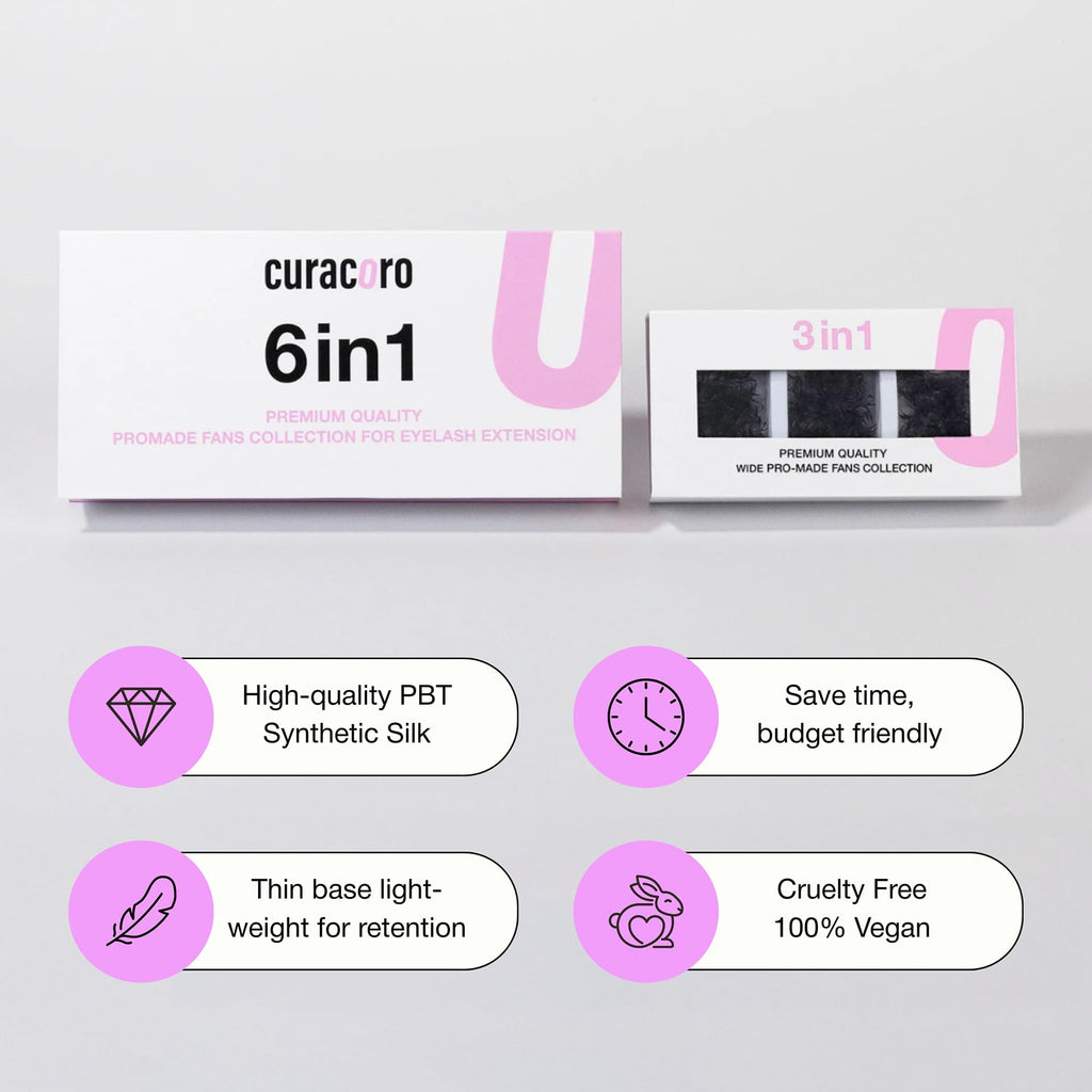 Curacoro Promade Mix 750 Fans – Handmade Volume Lashes (5D–12D), C/CC/D Curl, 0.03–0.10 mm, 9–18 mm, Easy Application