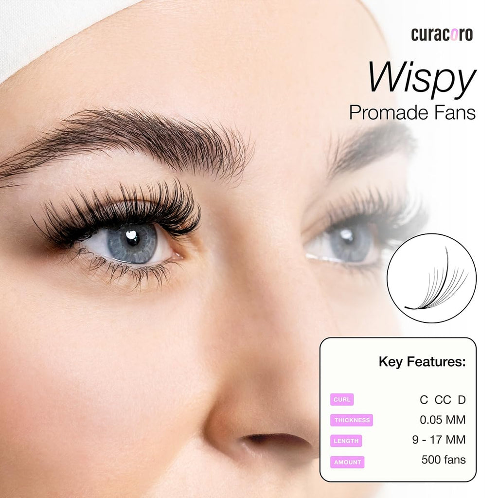 Curacoro Promade Wispy Fans – 9D 0.05D, 17mm Lash Extensions (500 Count)