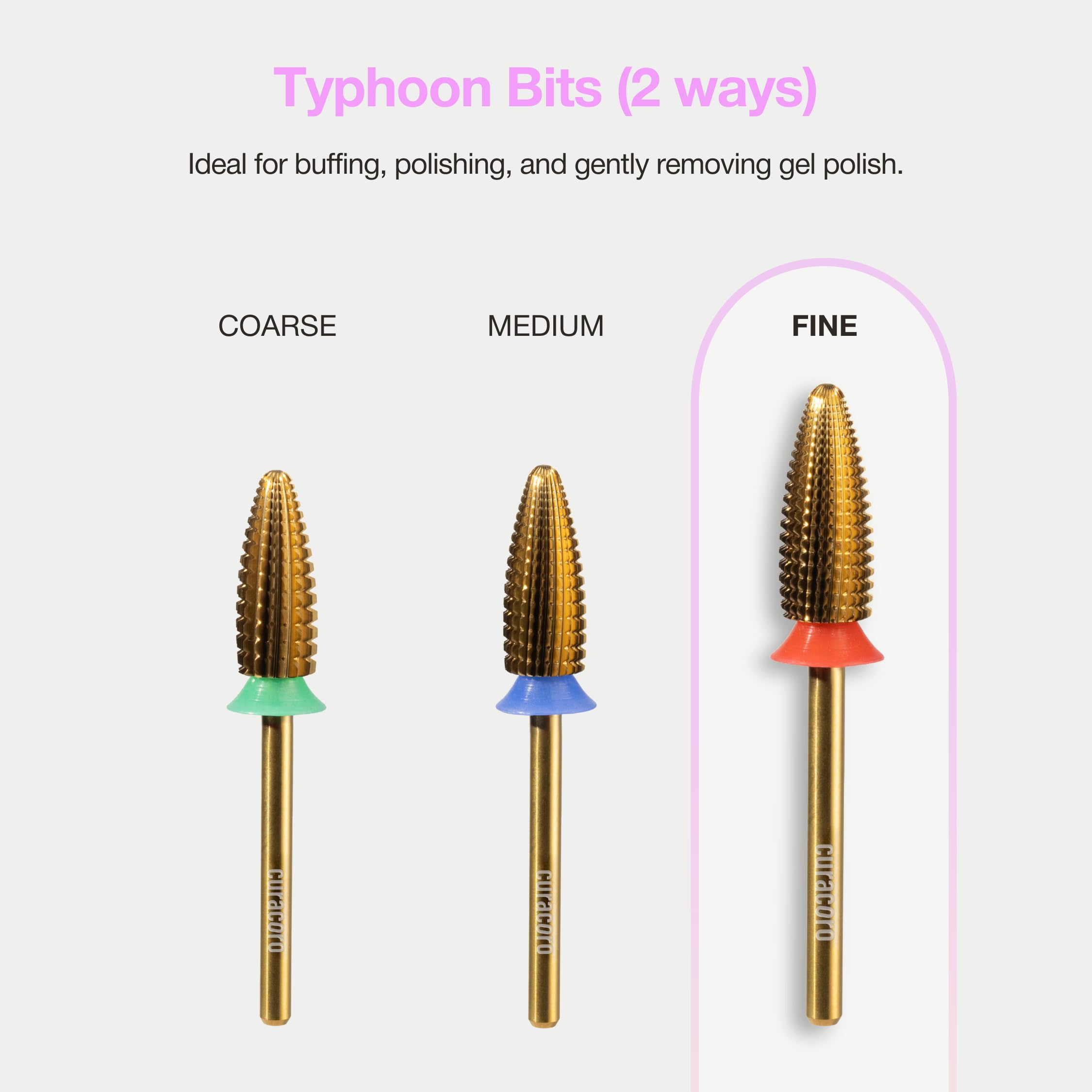 Curacoro Typhoon Nail Drill Bits 3/32in – 2-Way Fine Carbide Bit for Gel Polish Removal, Buffing & Smooth Nails