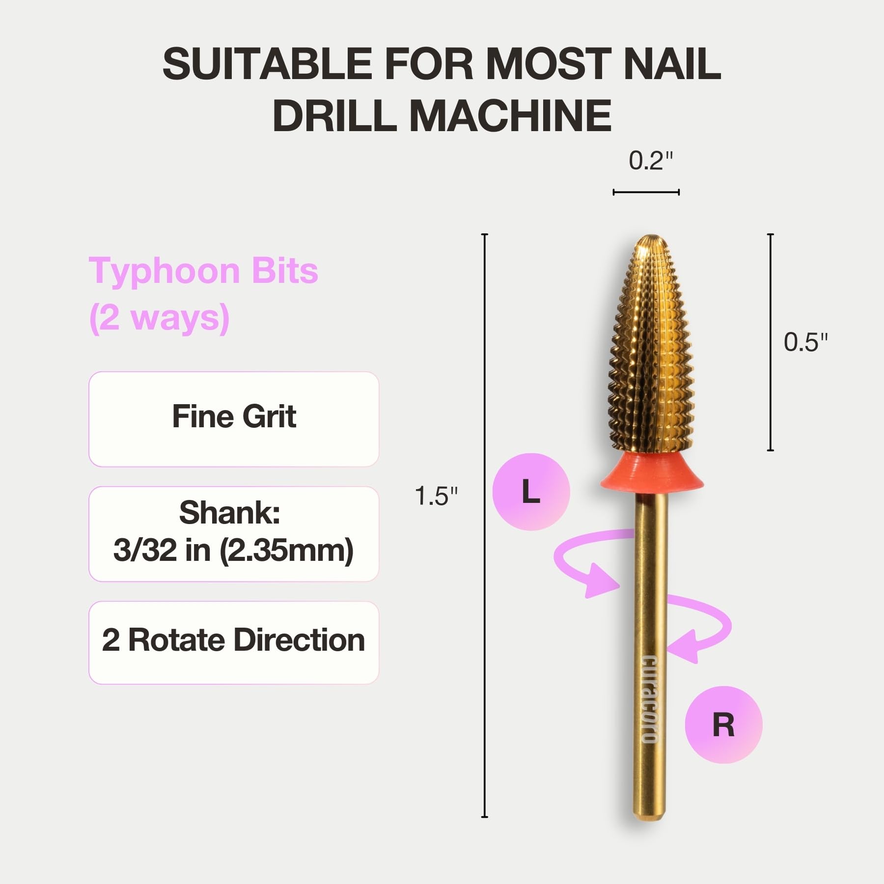 Curacoro Typhoon Nail Drill Bits 3/32in – 2-Way Fine Carbide Bit for Gel Polish Removal, Buffing & Smooth Nails