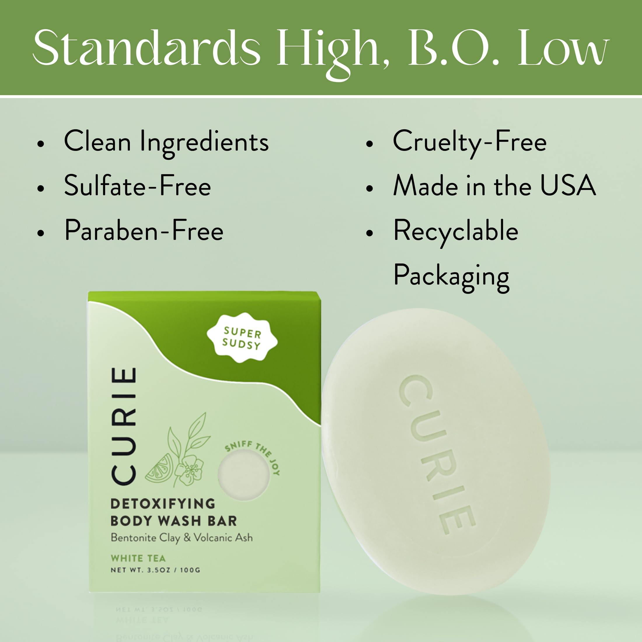 Curie White Tea Detoxifying Body Wash Bar – Bentonite Clay & Volcanic Ash, Sulfate-Free, 3PK