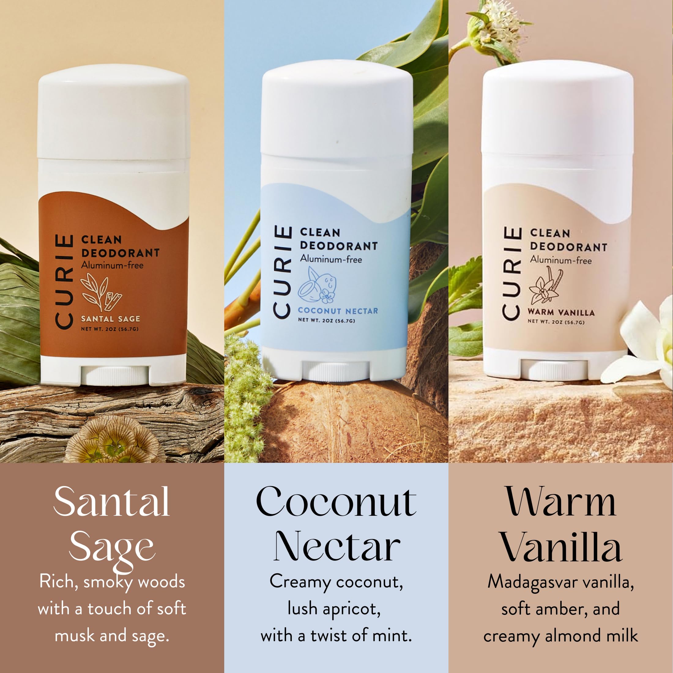 Curie Aluminum-Free Natural Deodorant Travel Size – 3 Pack (Vegan, Non-Toxic)