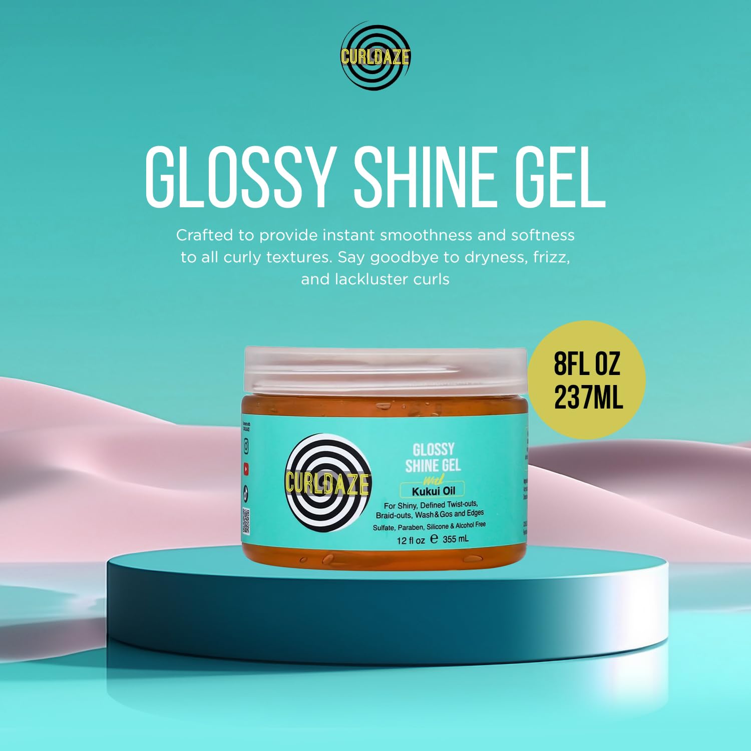 Curldaze Glossy Shine Gel with Kukui Oil | Defines Curls, Frizz Control, and Shine