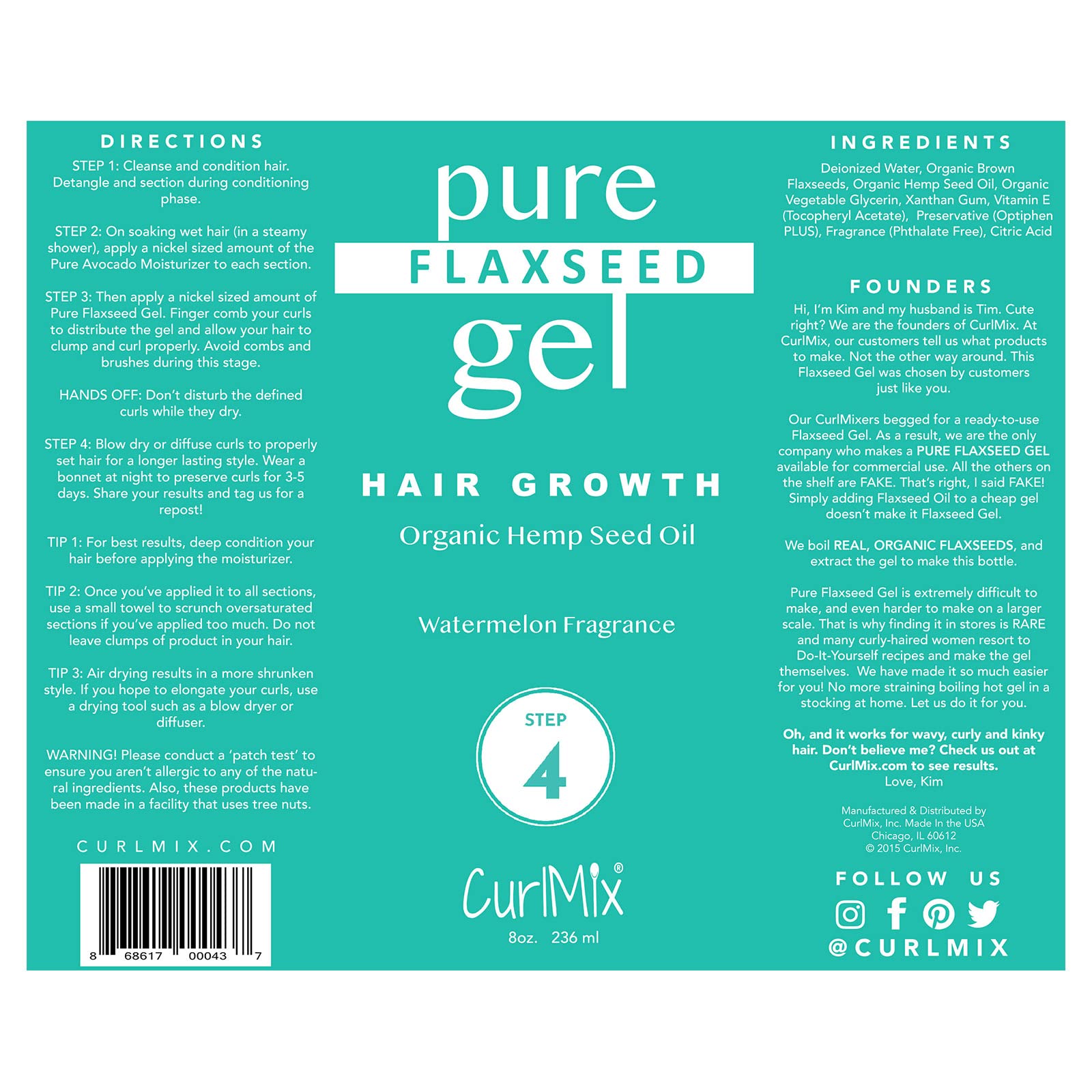 CurlMix Organic Flaxseed Gel for Curly Hair with Hemp Seed Oil – Define & Hydrate (Watermelon, 8 oz)